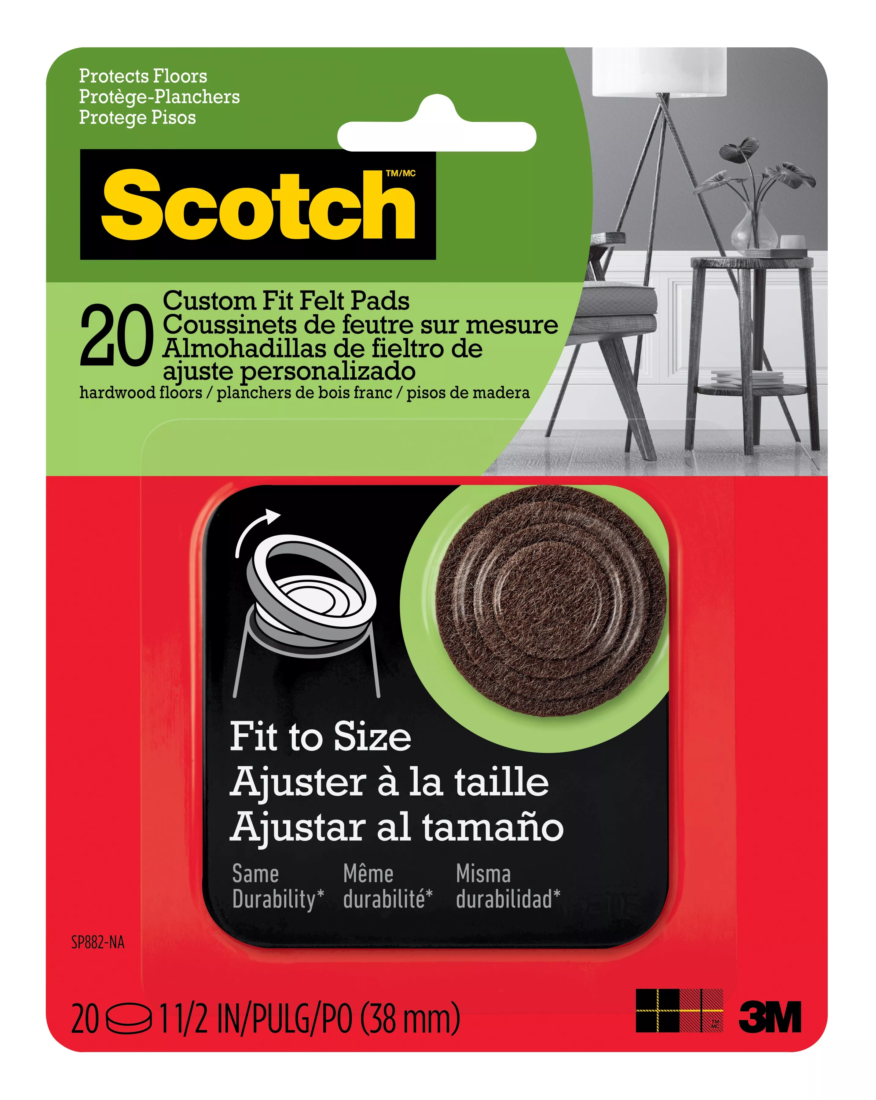 Scotch™ Custom Fit Felt Pads SP882-NA, Brown, 1.5 in, 20 ct