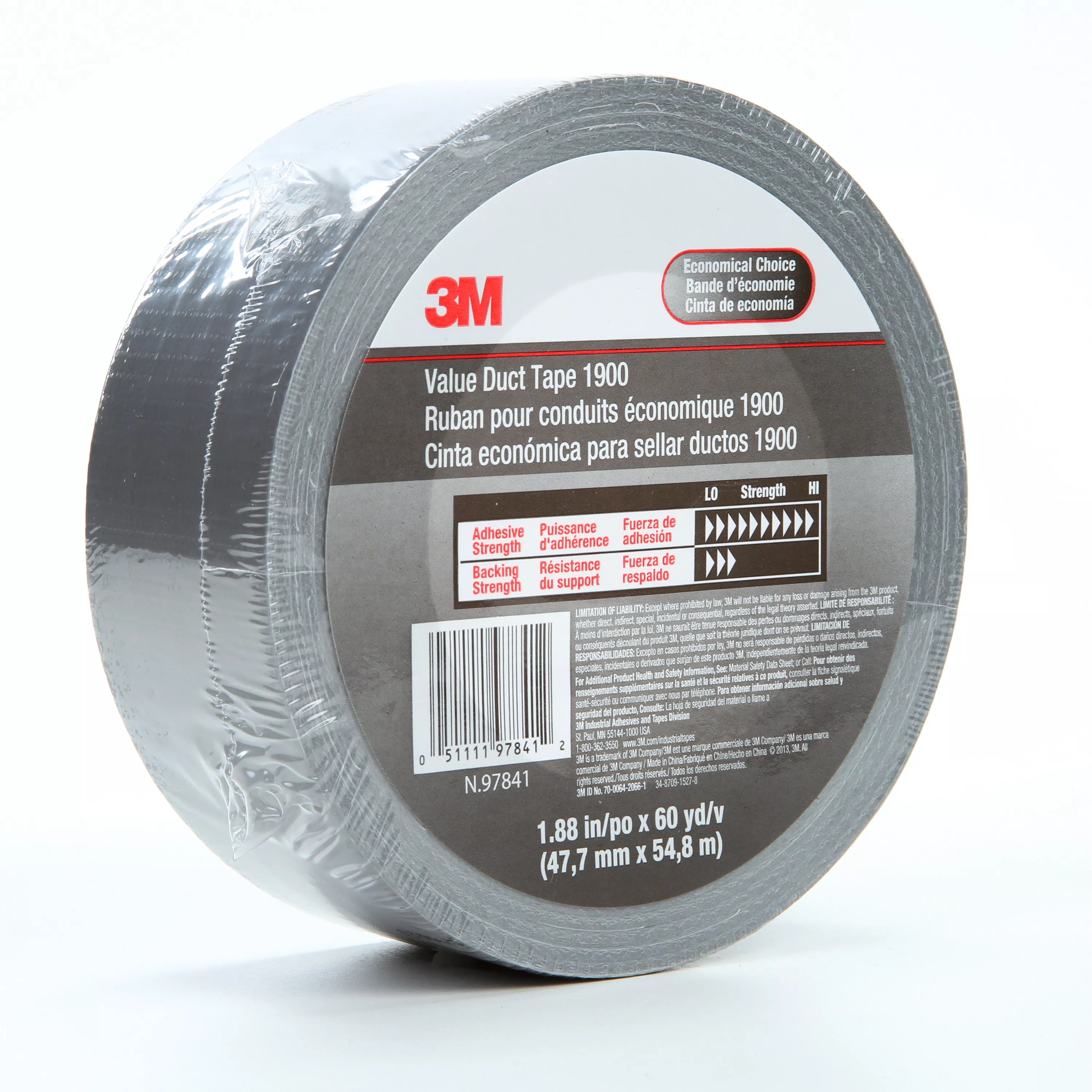 3M™ Value Duct Tape 1900, Silver, 1.88 in x 60 yd, 5.8 mil, 24/Case,
Individually Wrapped Conveniently Packaged