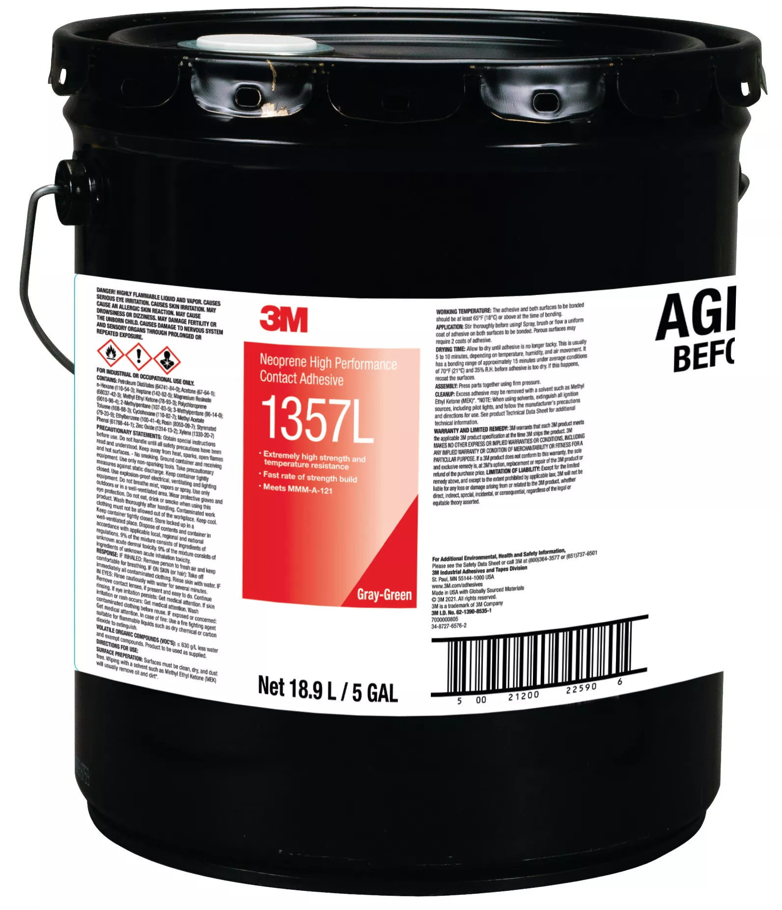 3M™ Neoprene High Performance Contact Adhesive 1357L, Gray-Green, 5
Gallon (Pail), 1 Can/Drum