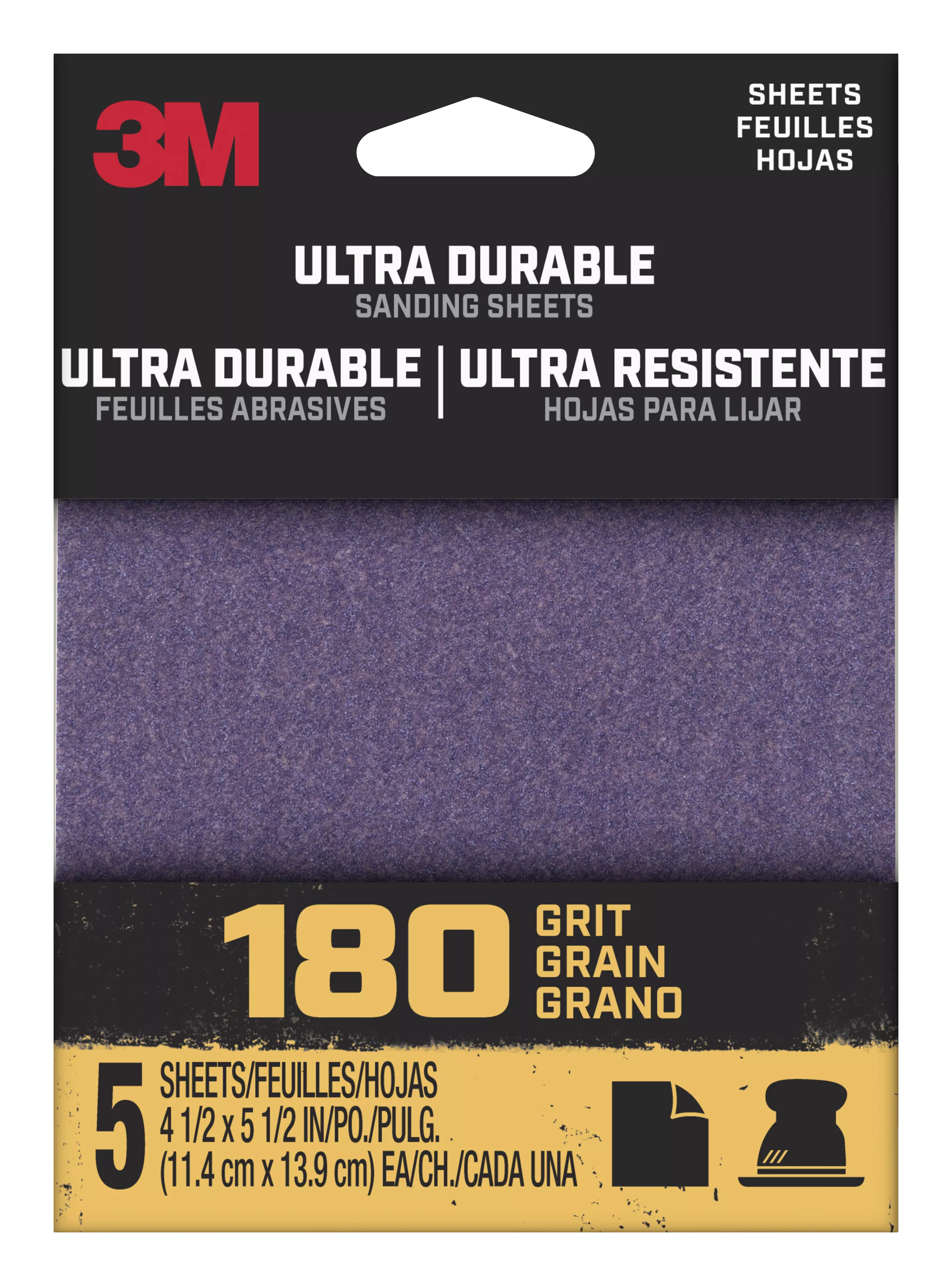 3M™ Ultra Durable Power Sanding 1/4 Sheet, 180 grit, 1/4Sht5pk180, 5 pk, 20/case