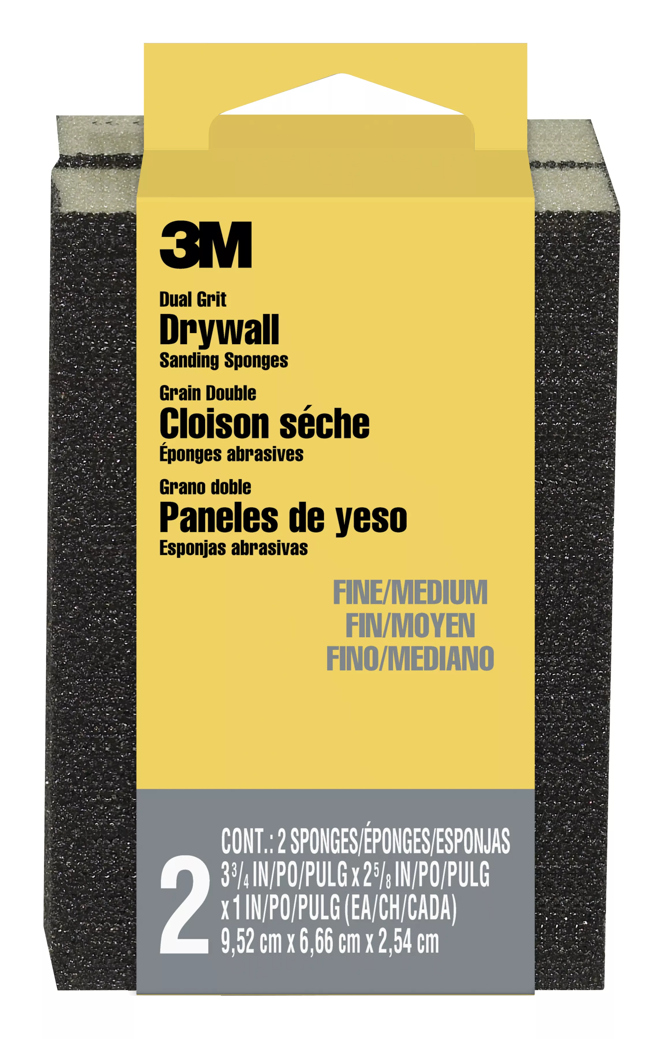 3M™ Drywall Sanding Sponge 19093, Dual Grit Block, 2 5/8 in x 3 3/4 in x 1 in, Fine/Medium grit, 2/pk, 12 pks/cs