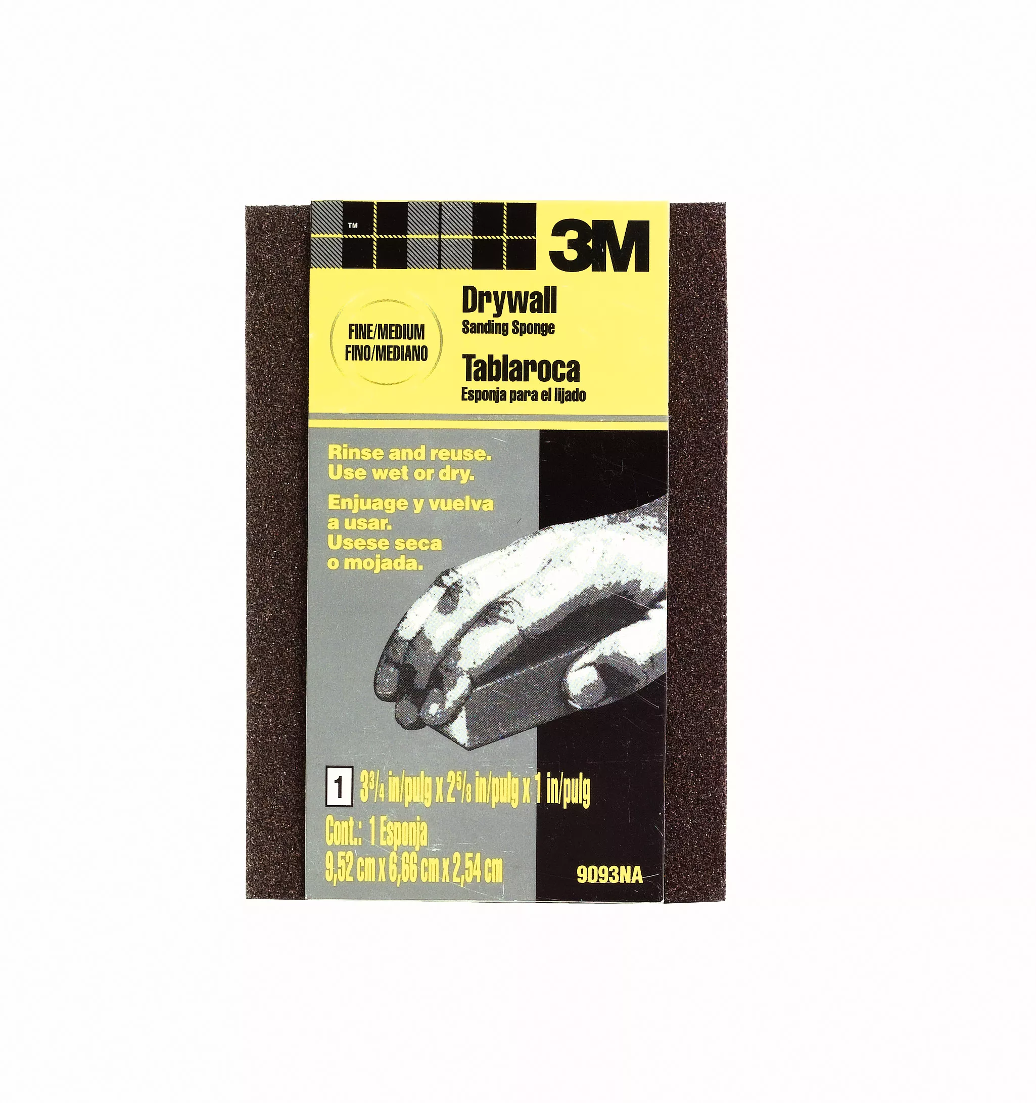 3M™ Drywall Sanding Sponge 9093DC, Dual Grit Block, 3 3/4 in x 2 5/8 in x 1 in, Fine/Medium, 24 ea/cs