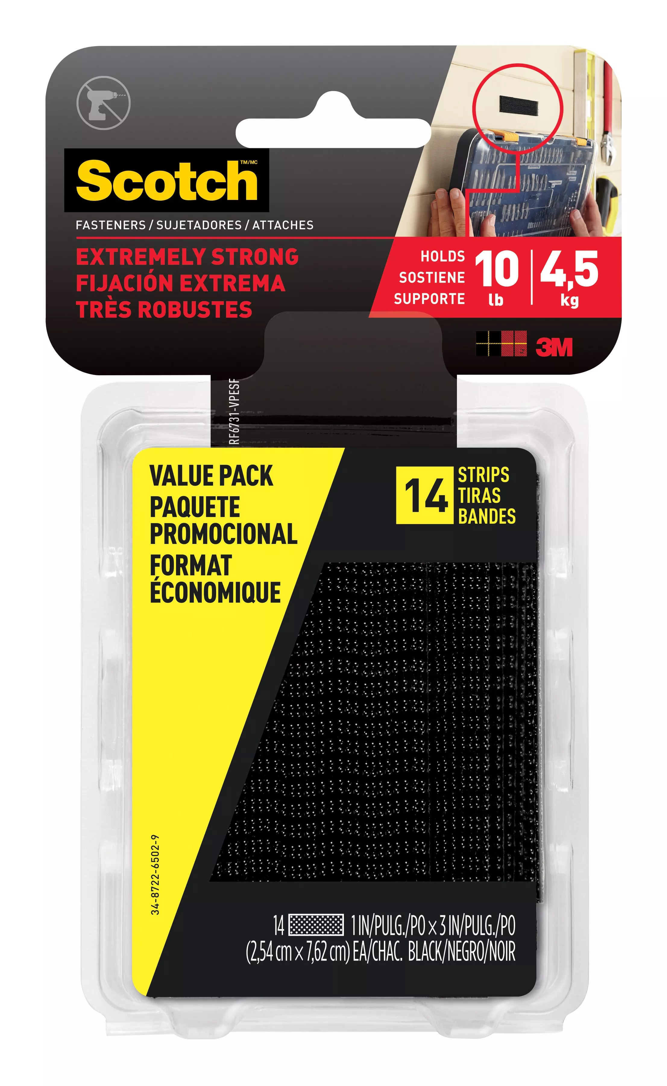 Scotch™ Extreme Fastener Mounting Strips Value Pack RF6731-VPESF, 1 in x
3 in (25,4 mm x 76,2 mm), Black, 14 Strips