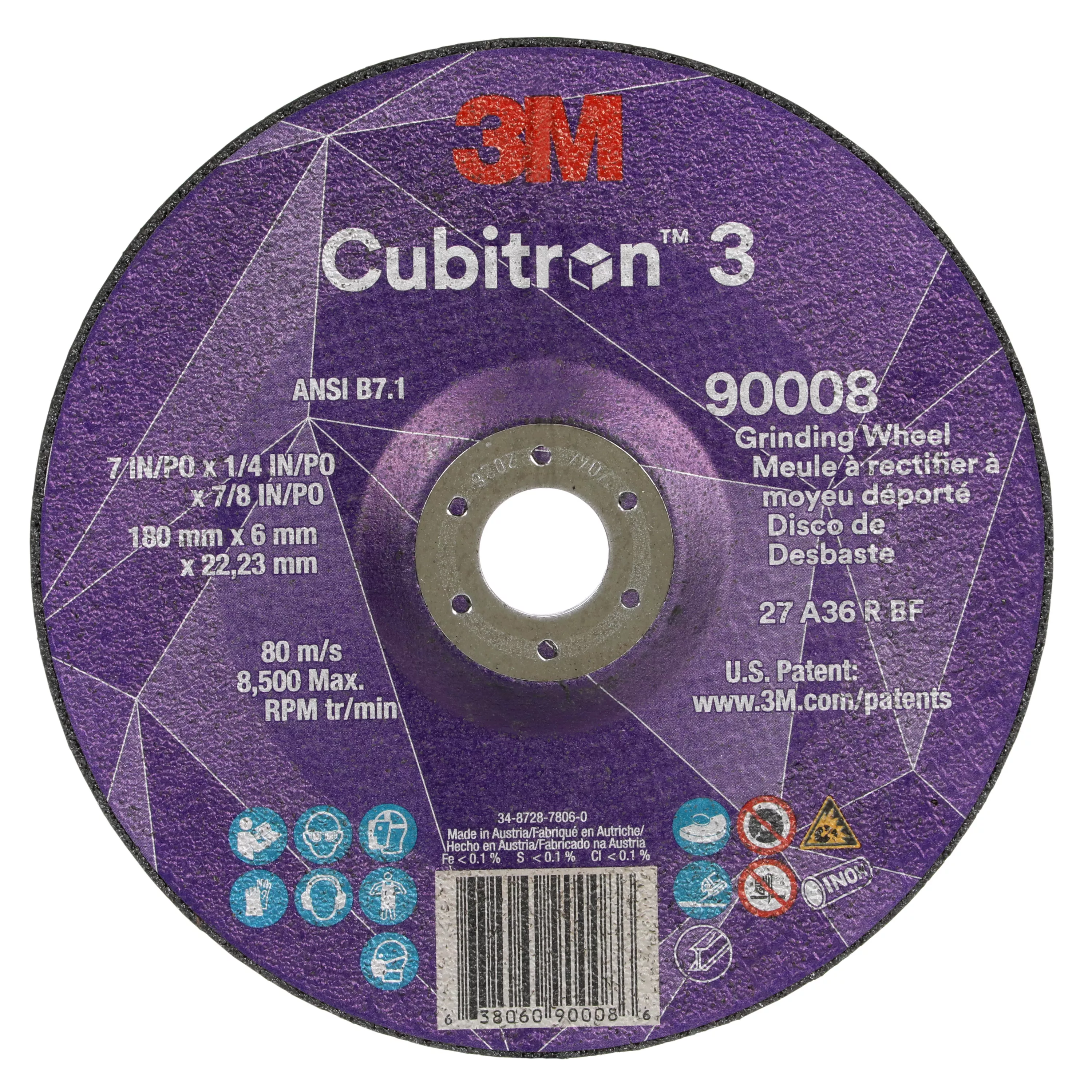 3M™ Cubitron™ 3 Depressed Center Grinding Wheel, 90008, 36+, T27, 7 in x
1/4 in x 7/8 in (180x6x22.23mm) ANSI, 10/Pack, 20 ea/Case