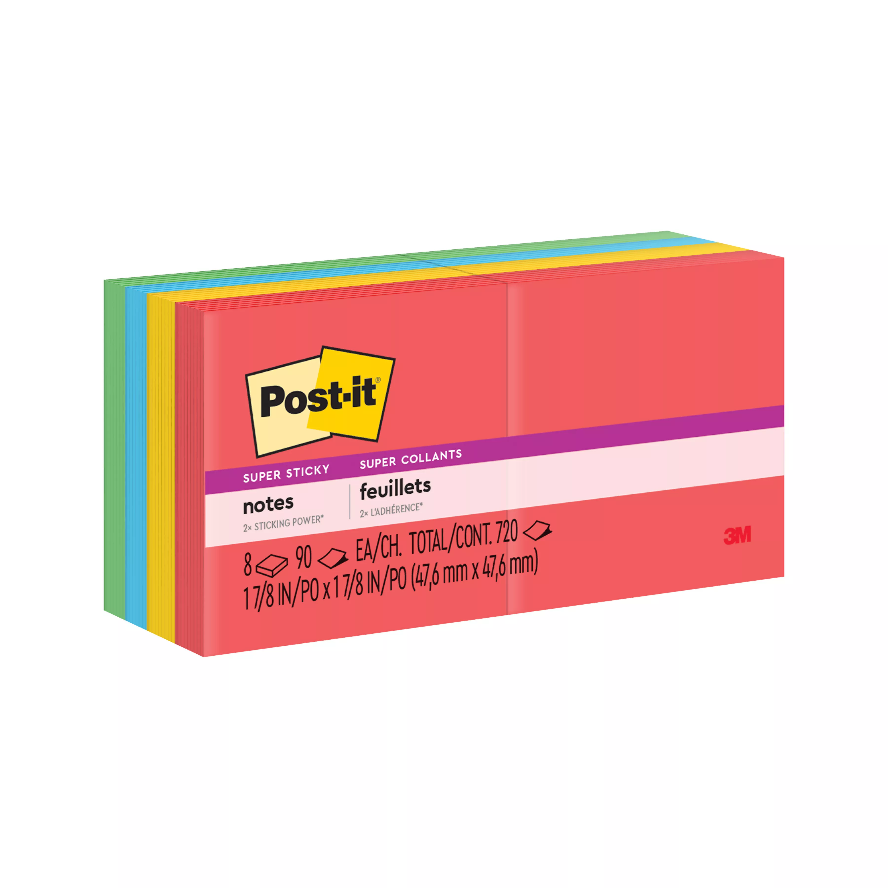 Post-it® Super Sticky Notes 622-8SSAN, 1.8 in x 1.8 in (47.6 mm x 47.6 mm), Playful Primaries Collection