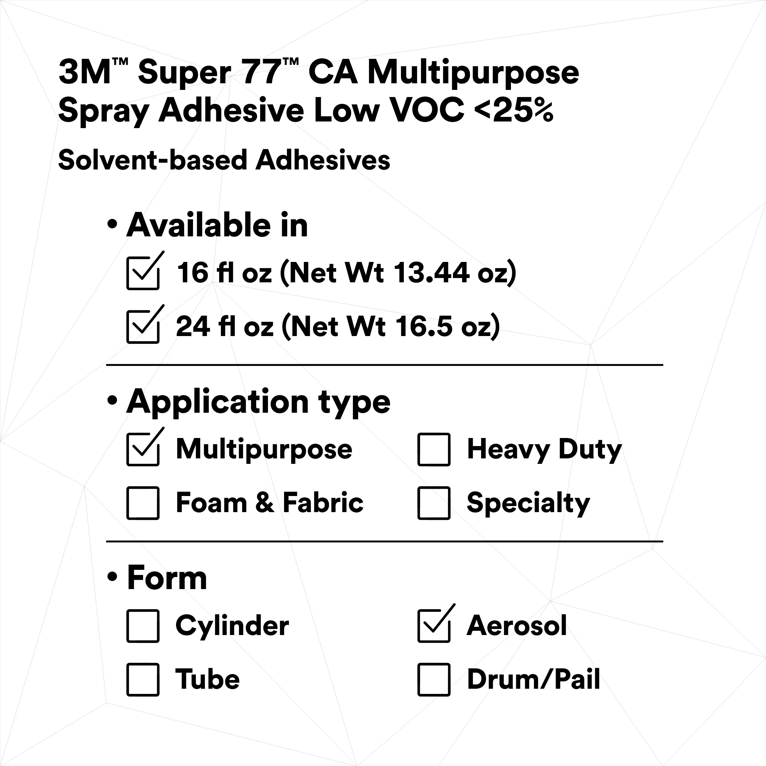 SKU 7100014109 | 3M™ Super 77™ CA Multipurpose Spray Adhesive