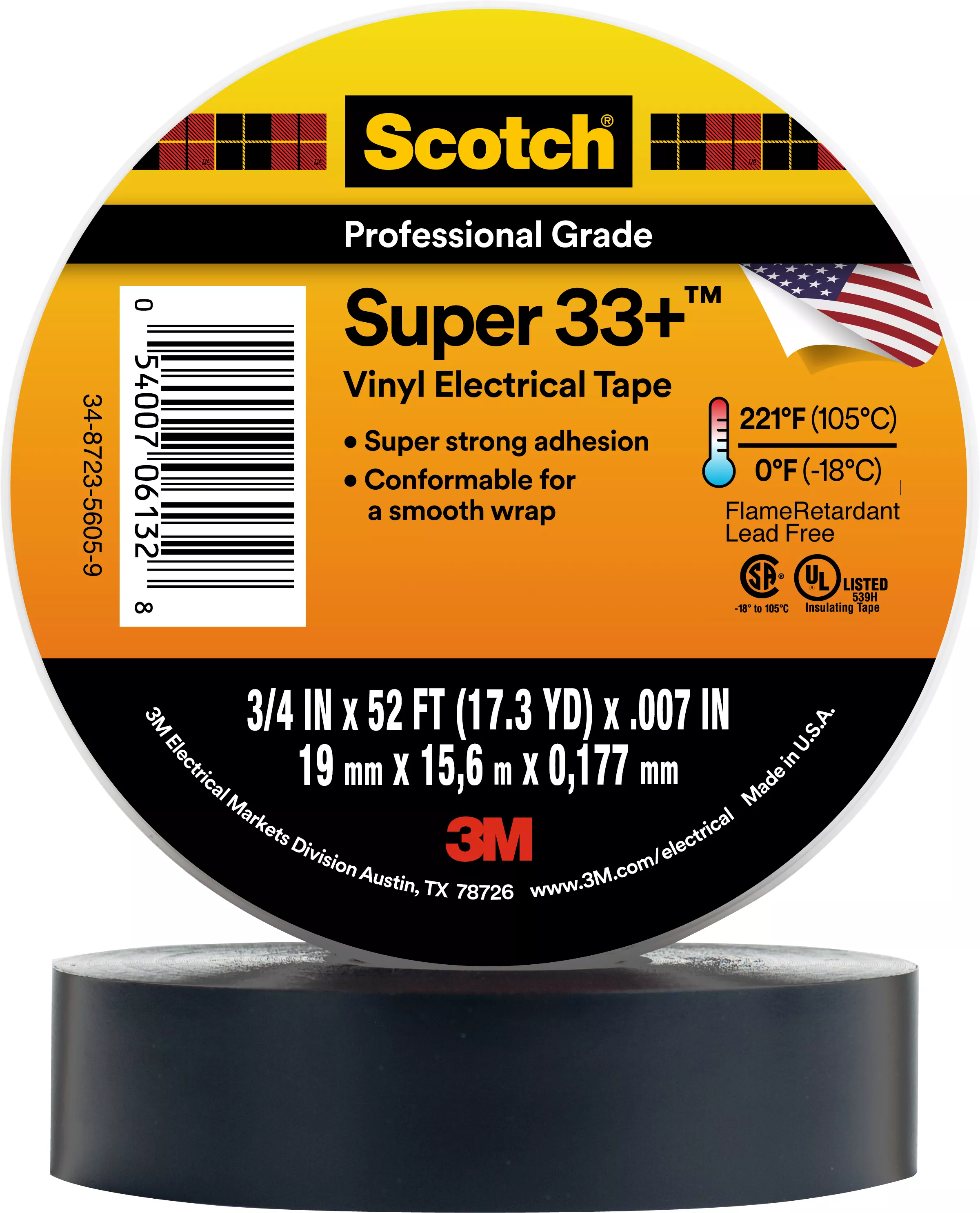 Scotch® Super 33+ Vinyl Electrical Tape, 3/4 in x 52 ft, Black, 10 rolls/carton, 100 rolls/Case