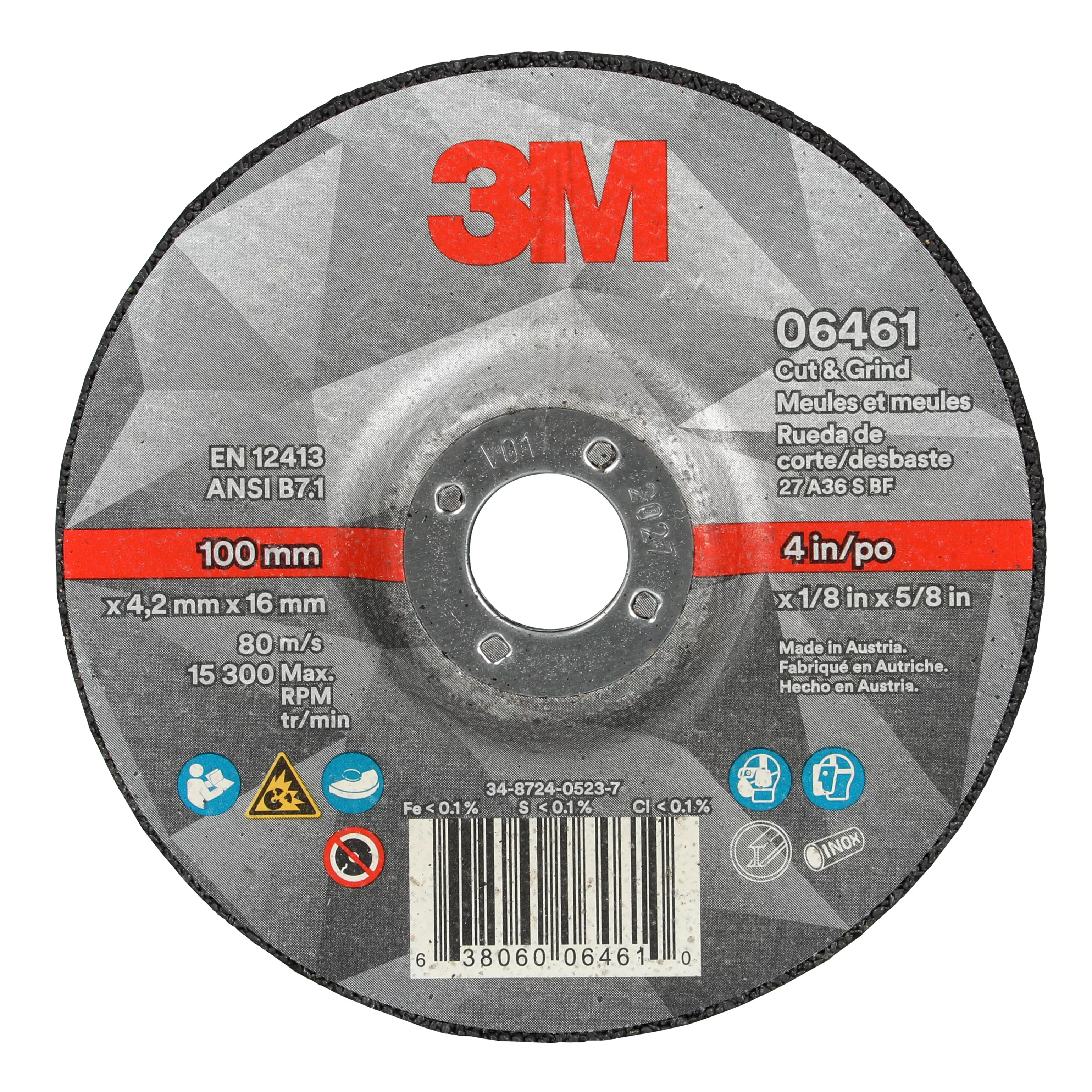 3M™ Cut & Grind Wheel, 06461, 36+, T27, 4 in x 1/8 in x 5/8 in, 10/Pac, 20 ea/Case