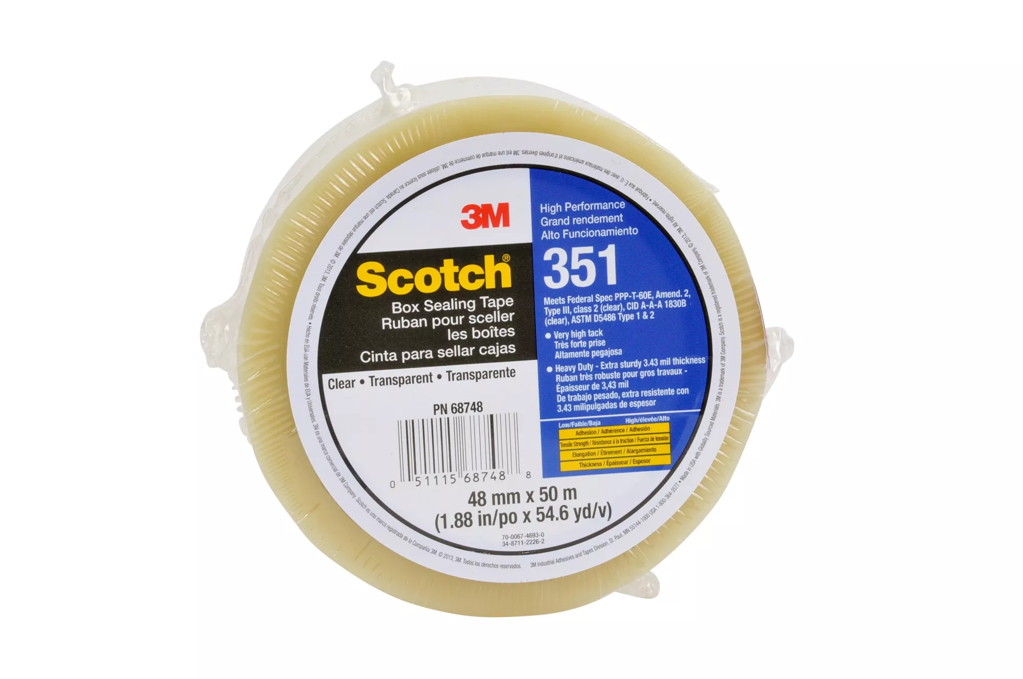 Scotch® Government Certification Box Sealing Tape 351, Clear, 48 mm x 50
m, 36/case, Individually Wrapped Conveniently Packaged