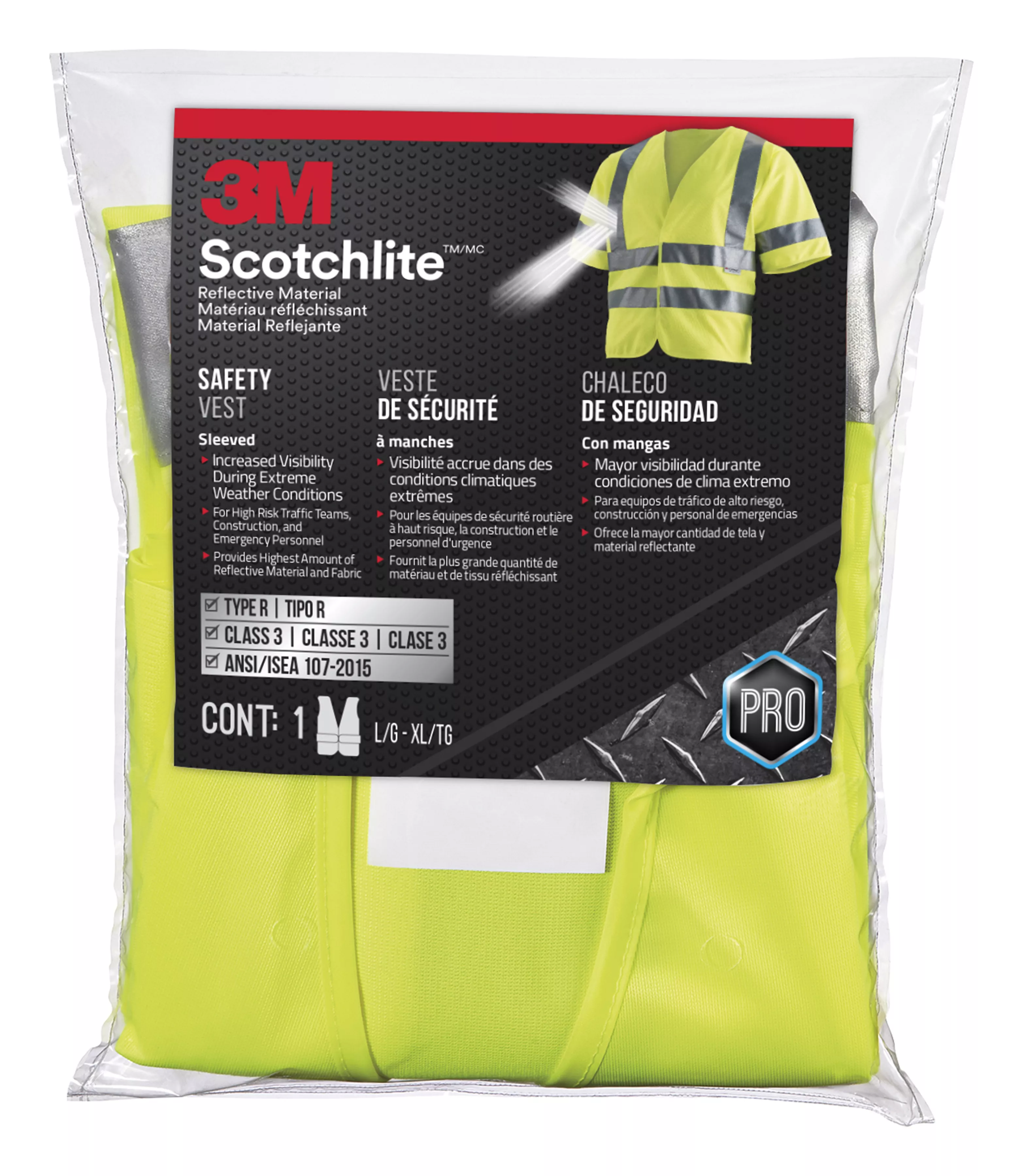 3M™ Reflective Vest Short Sleeve Construction Safety Vest– Class 3, 94900H1-DC, Yellow, 5/case