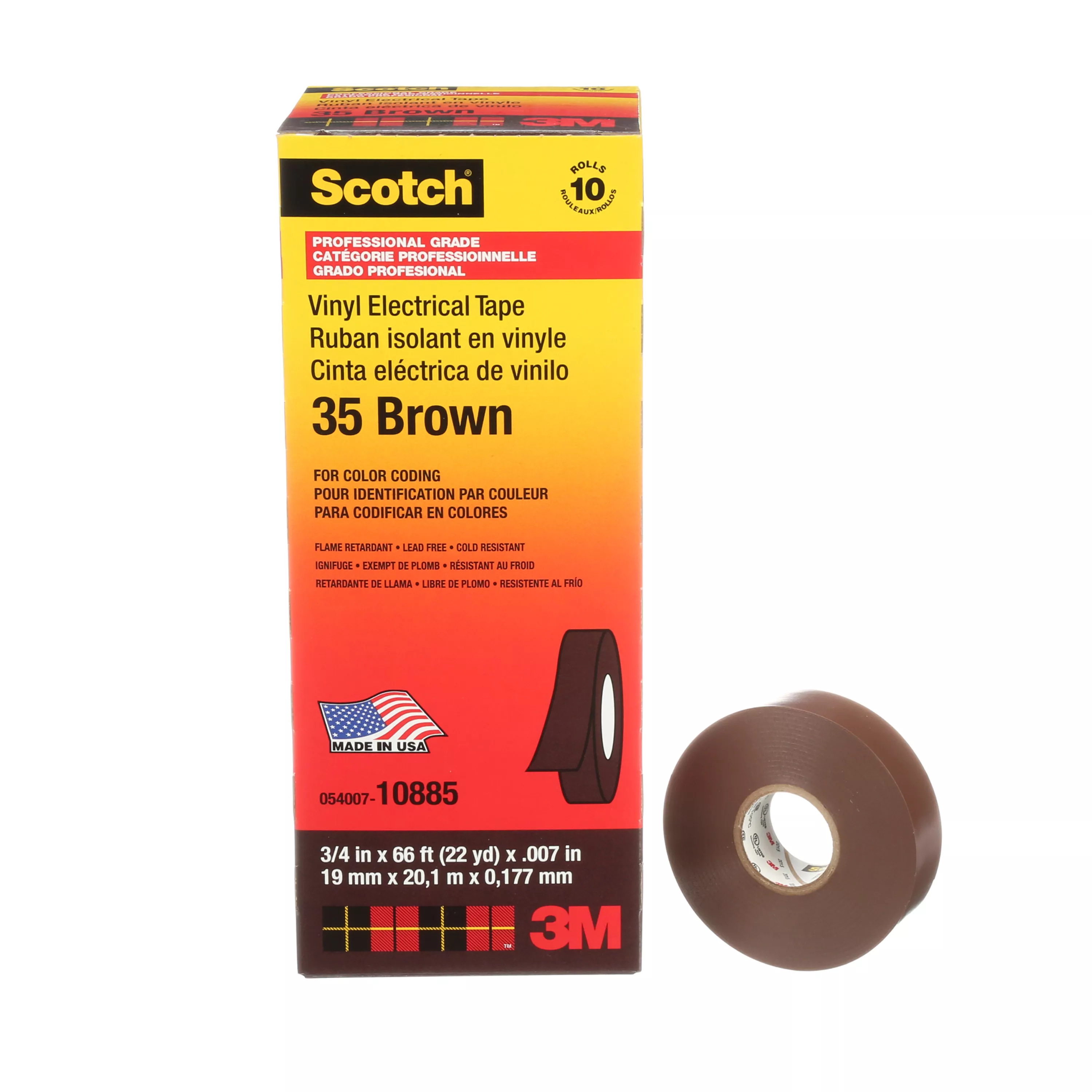 Scotch® Vinyl Color Coding Electrical Tape 35, 3/4 in x 66 ft, Brown, 10 rolls/carton, 100 rolls/Case