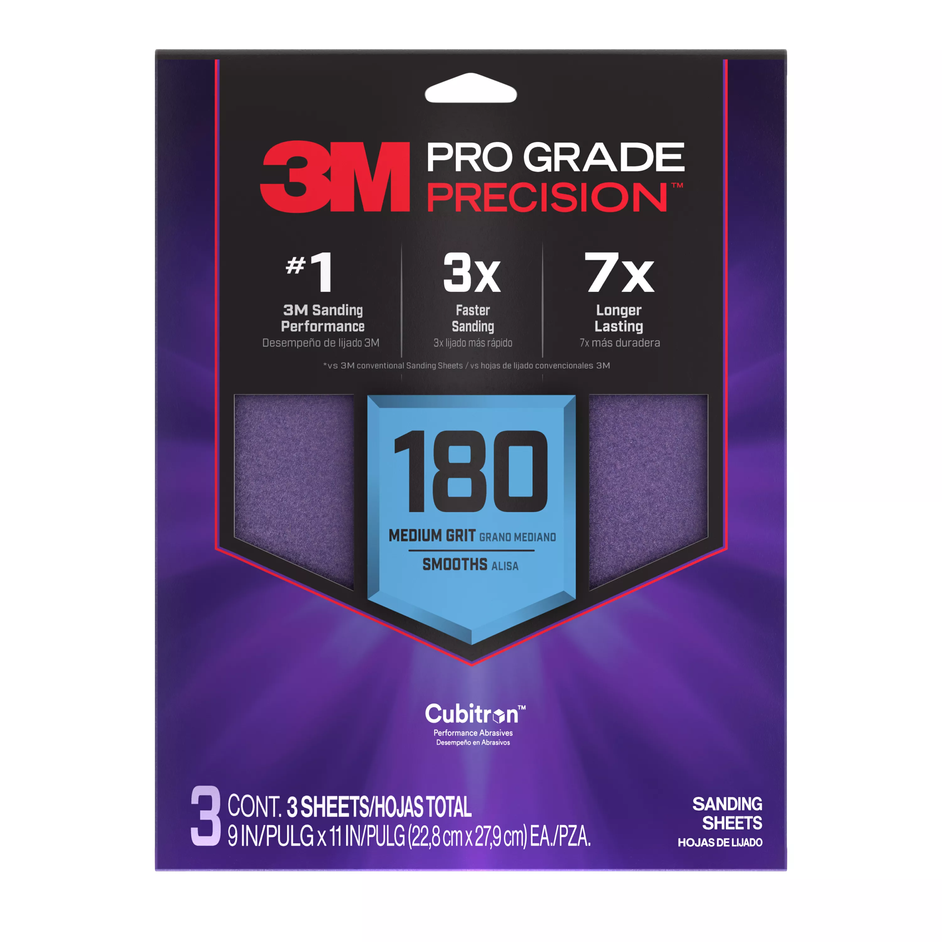 3M™ Pro Grade Precision™ Faster Sanding Sheets w/ NO-SLIP GRIP™ Backing SHR180-PGP-3T, 9 in x 11 in, 180 Gr, 3 Sht/pk