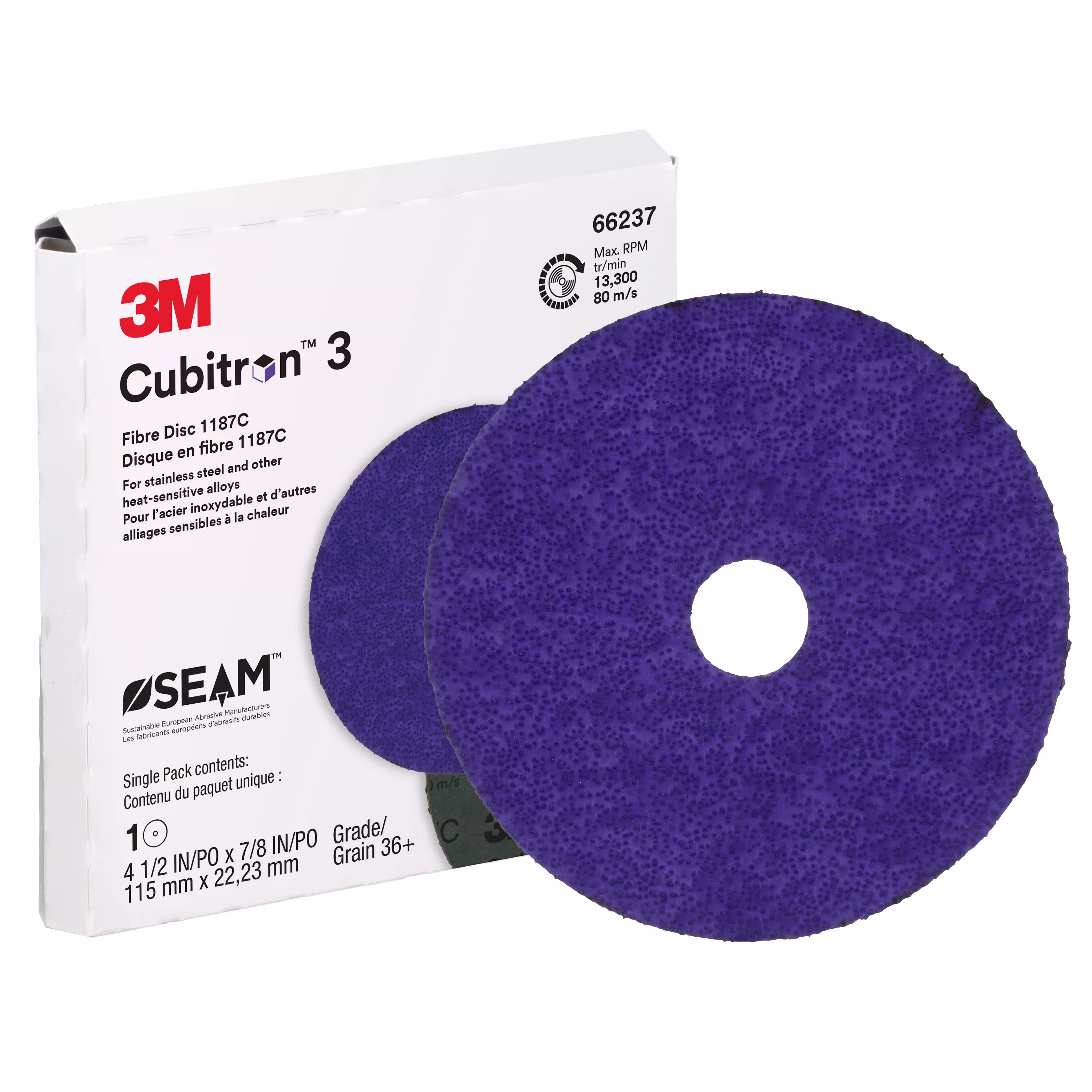 3M™ Cubitron™ 3 Fibre Disc 1187C, 36+, 4-1/2 in x 7/8 in, Die 450E, 10 ea/Case, Single Pack