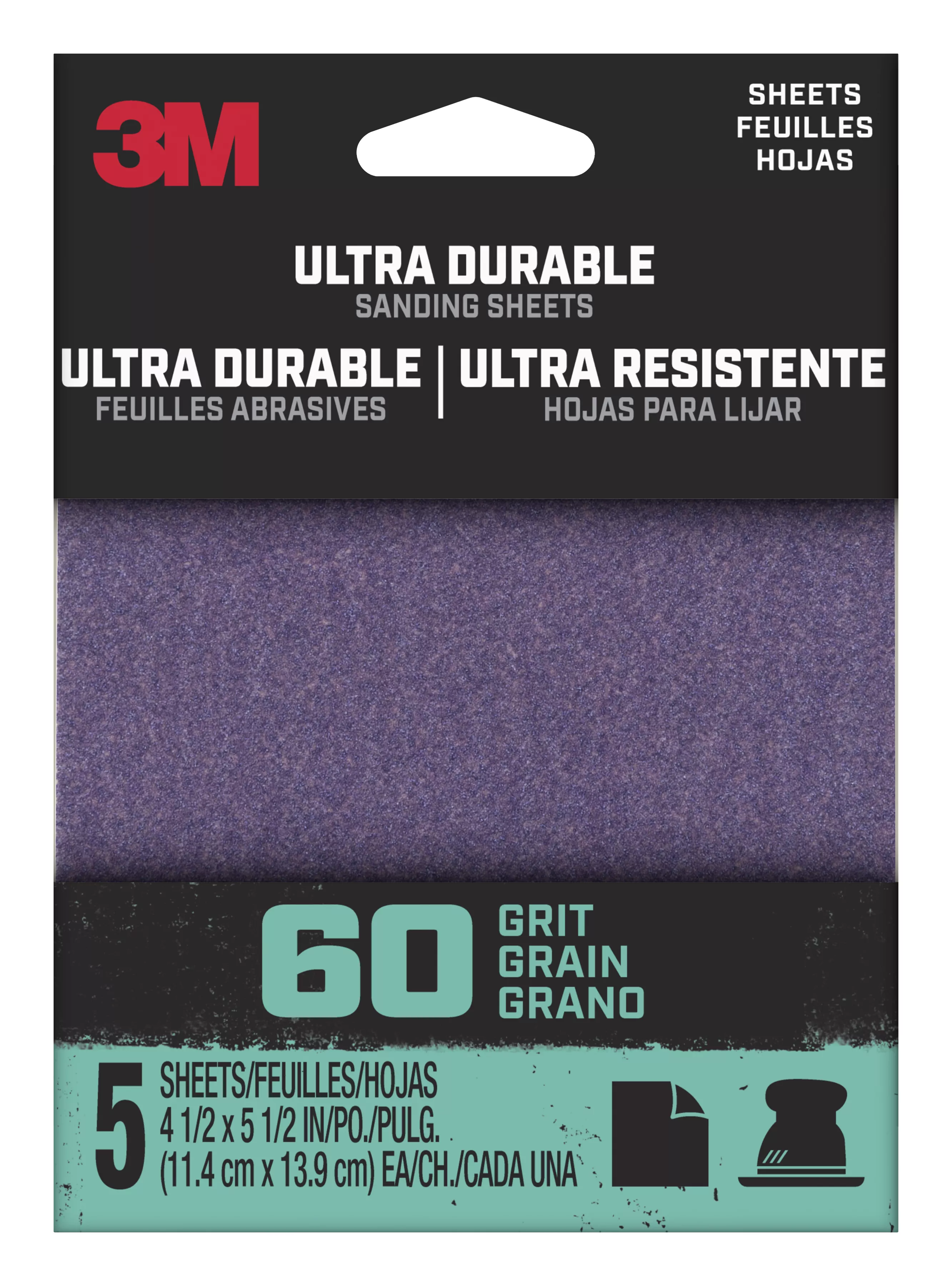 3M™ Ultra Durable Power Sanding 1/4 Sheet, 60 grit, 1/4Sht5pk60, 5 pk, 20/case