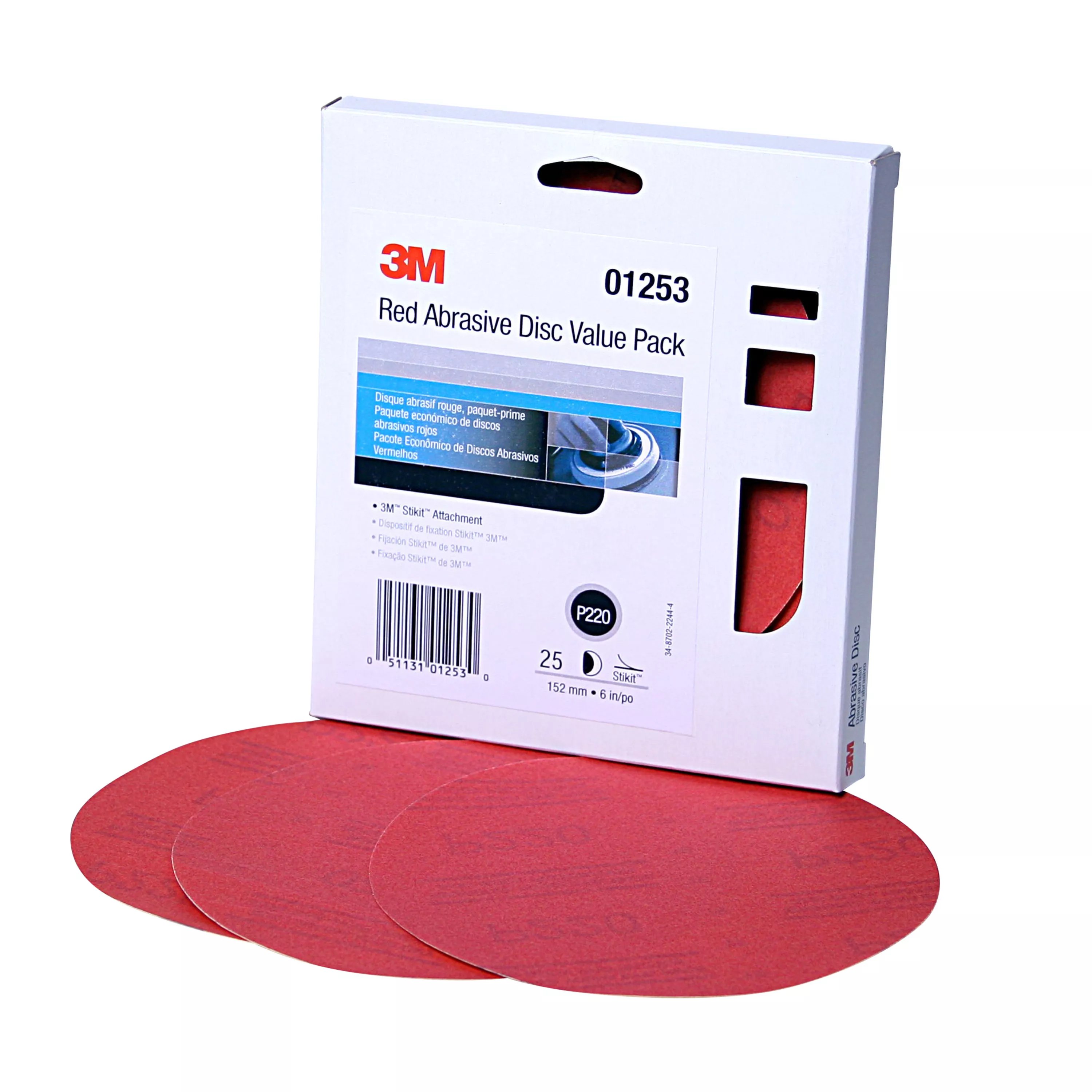 3M™ Red Abrasive Stikit™ Disc Value Pack, 01253, 6 in, P220 grade, 25 discs per carton, 4 cartons per case