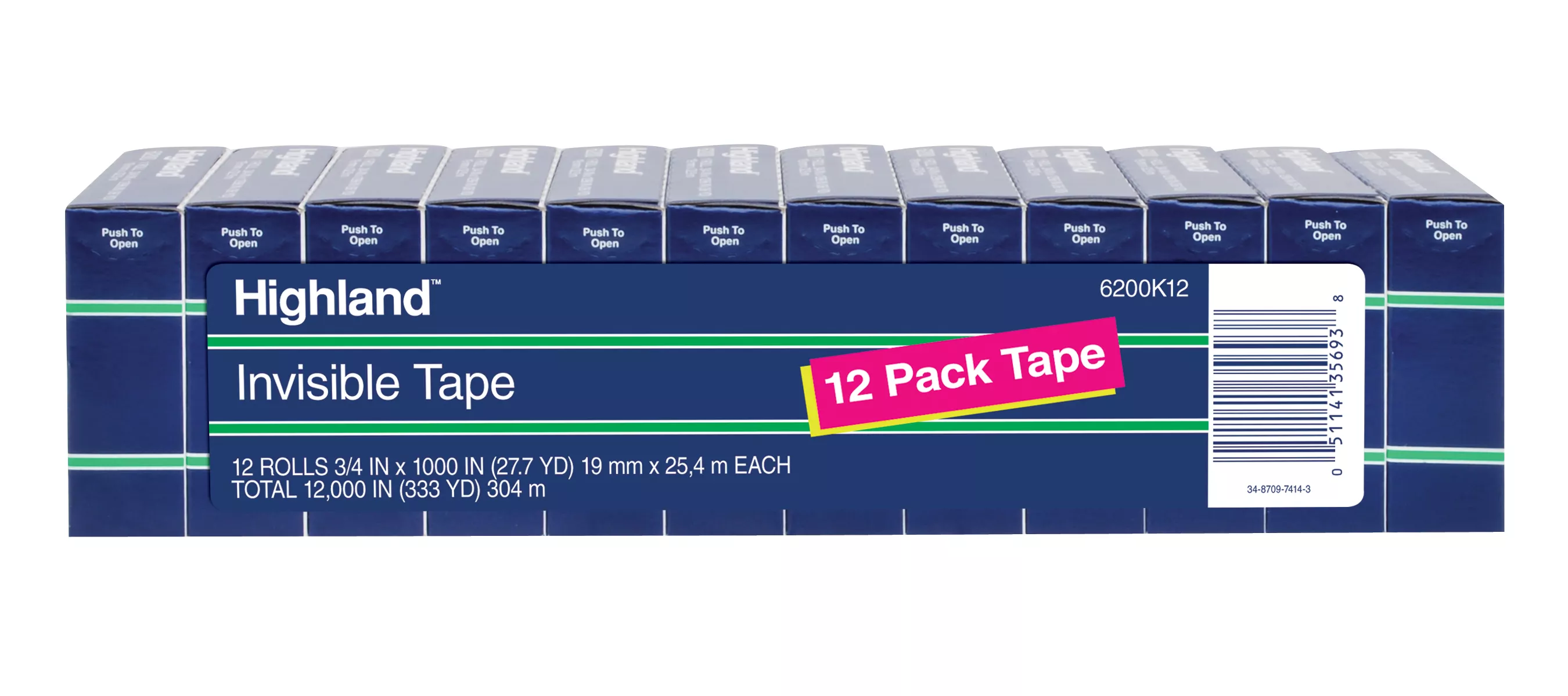 Highland™ Invisible Tape 6200K12, 3/4 in x 1000 in (19 mm x 25,4 m), 12 Pack