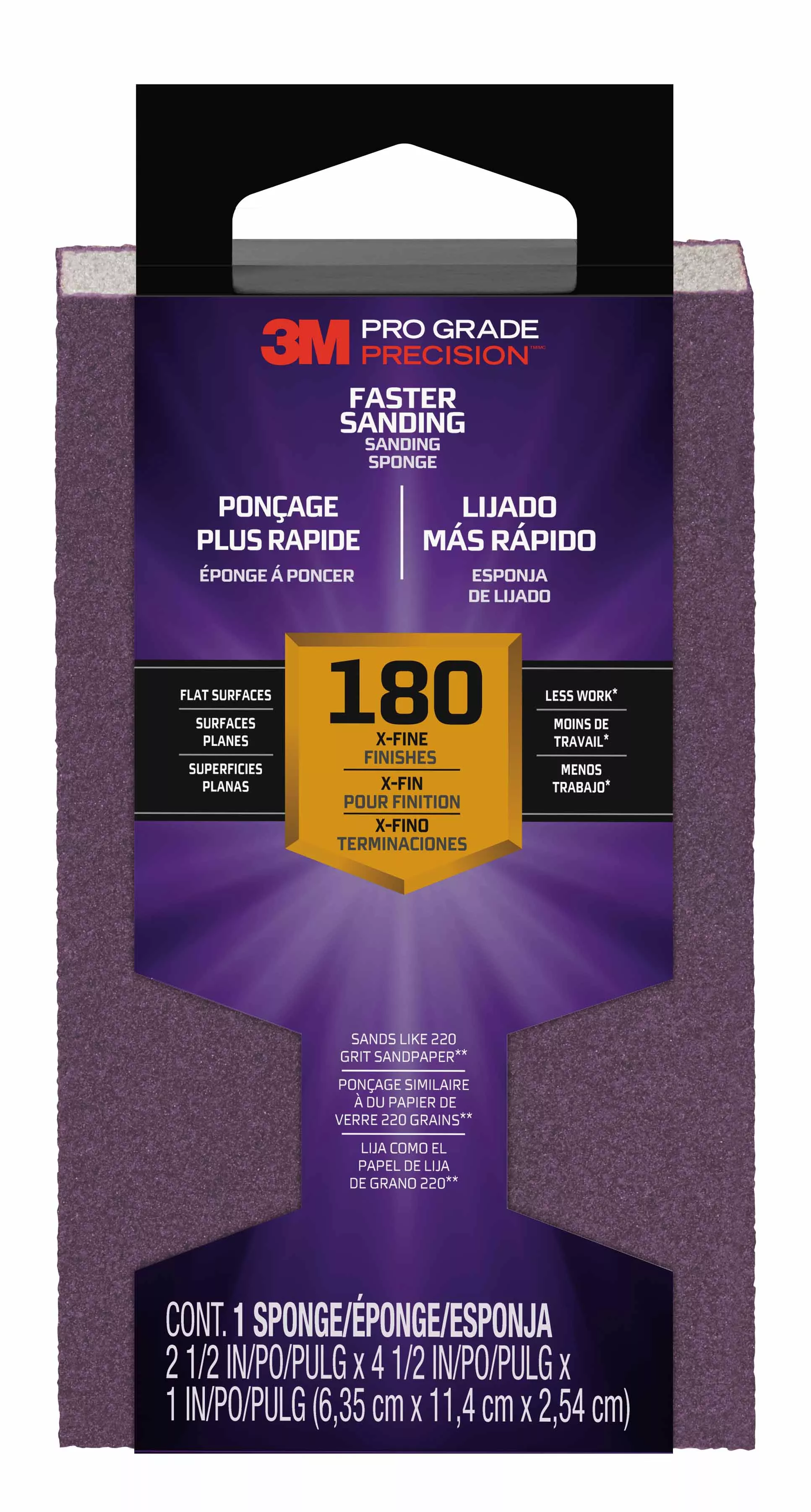 3M™ Pro Grade Precision™ Faster Sanding Block Sponge, 24002TRI-XF-B, 2.5 in x 4.5 in x 1 in, 180 grit, X-Fine, 12/cs