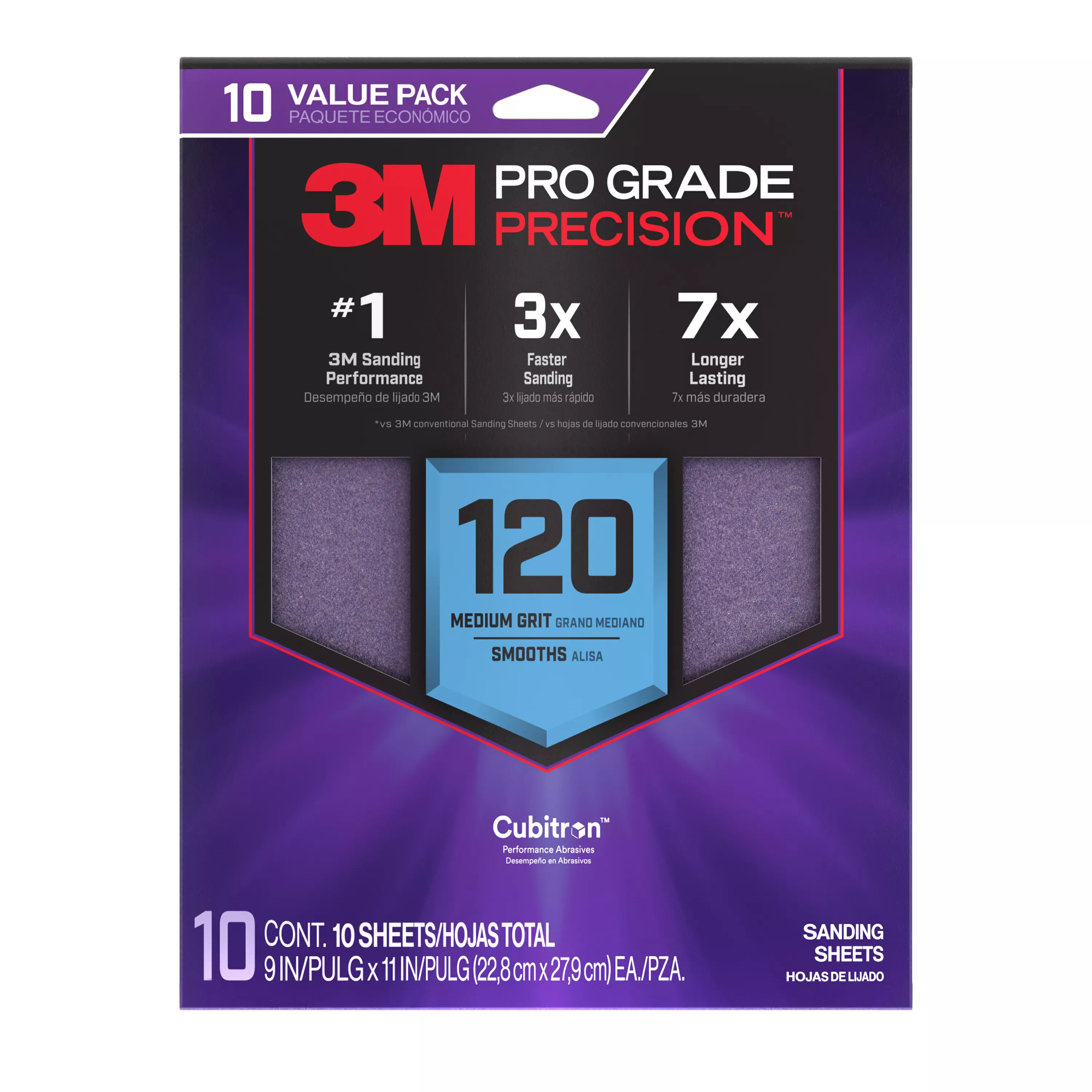 3M™ Pro Grade Precision™ Faster Sanding Sheets w/ NO-SLIP GRIP™ Backing SHR120-PGP-10T, 9 in x 11 in, 120 Gr, 10 Sht/Pk