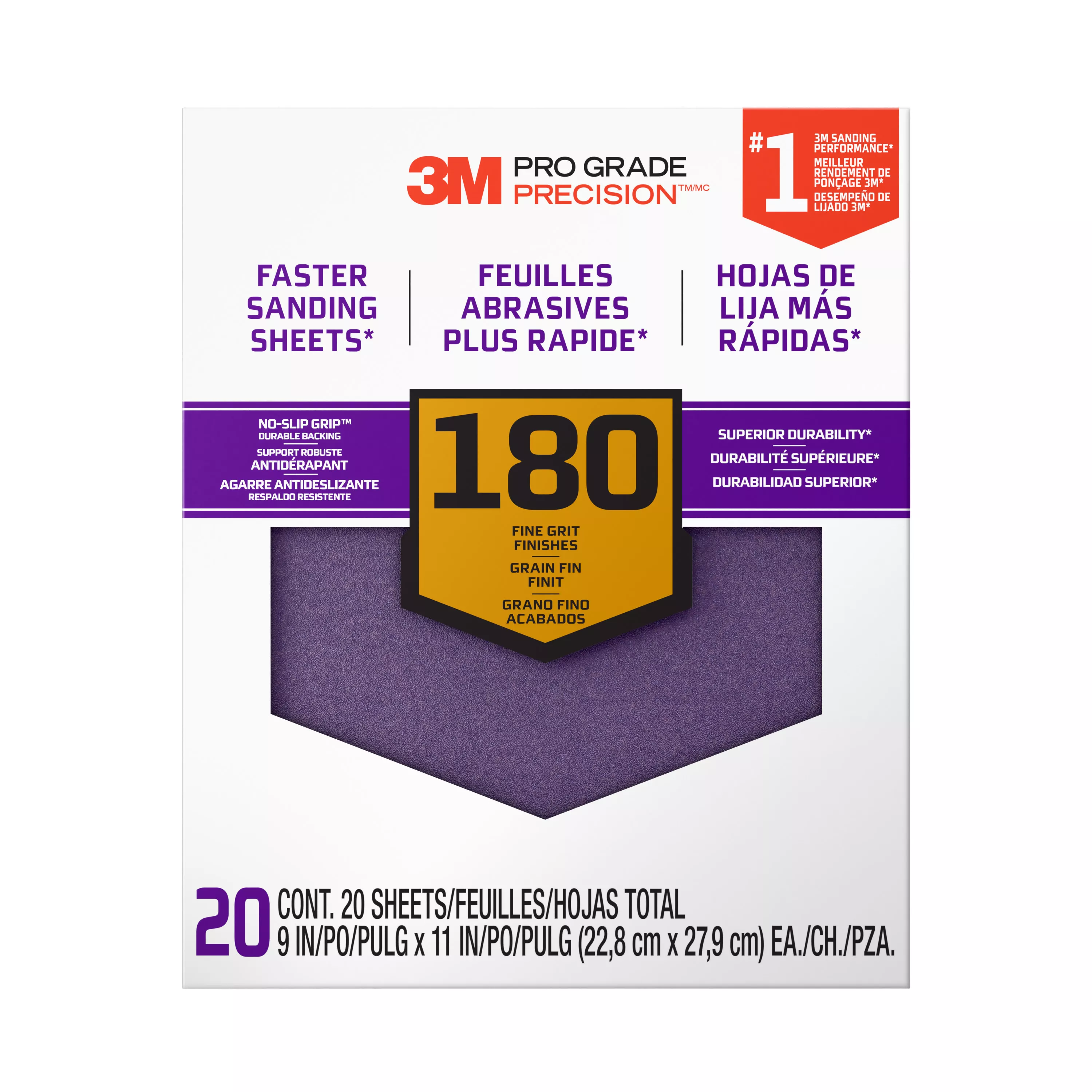 3M™ Pro Grade Precision™ Faster Sanding Sheets w/ NO-SLIP GRIP™ Backing SHCP180-PGP20T, 9 in x 11 in, 180 Gr, 20 Shts/pk