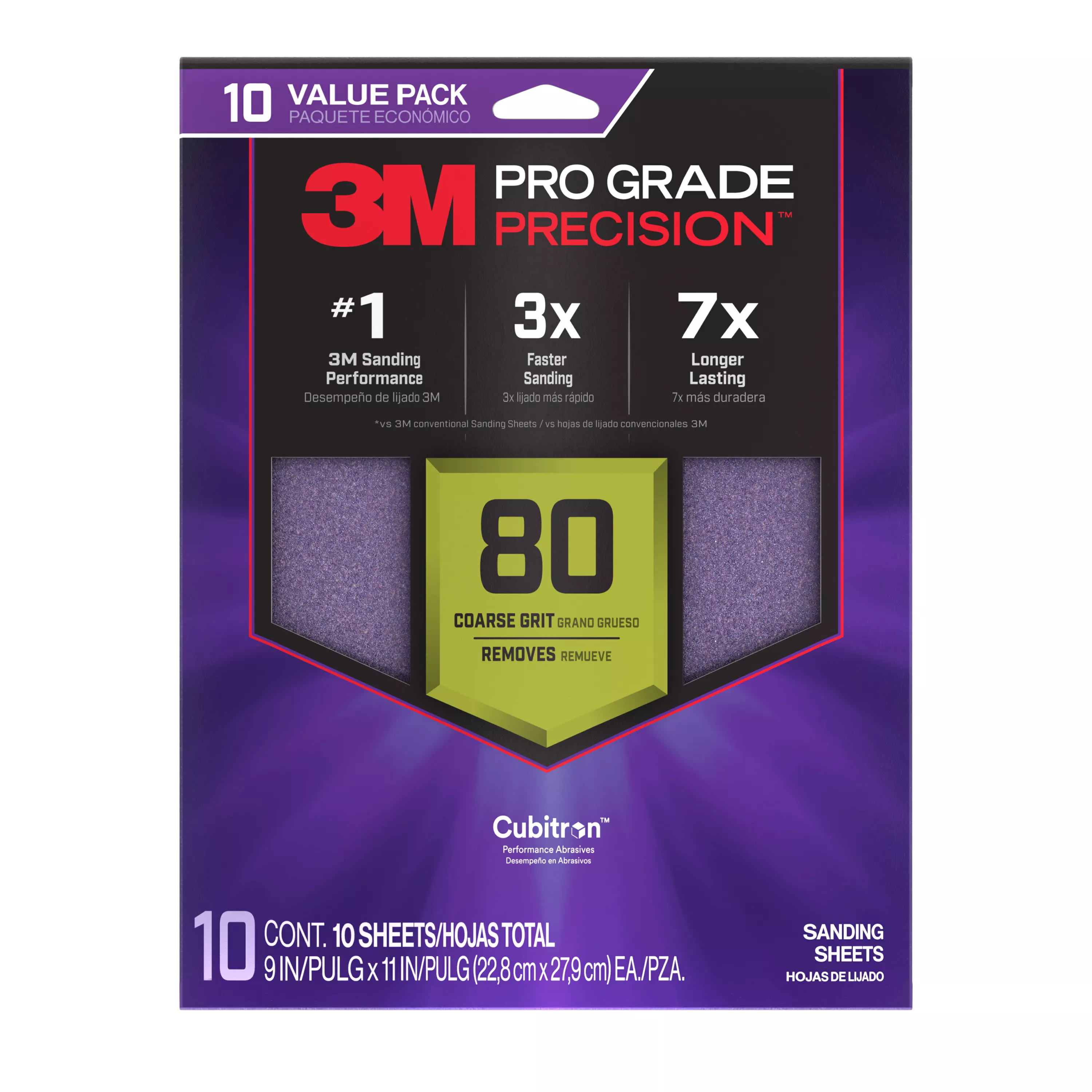 3M™ Pro Grade Precision™ Faster Sanding Sheets w/ NO-SLIP GRIP™ Backing SHR80-PGP-10T, 9 in x 11 in, 80 Gr, 10 Sht/Pk