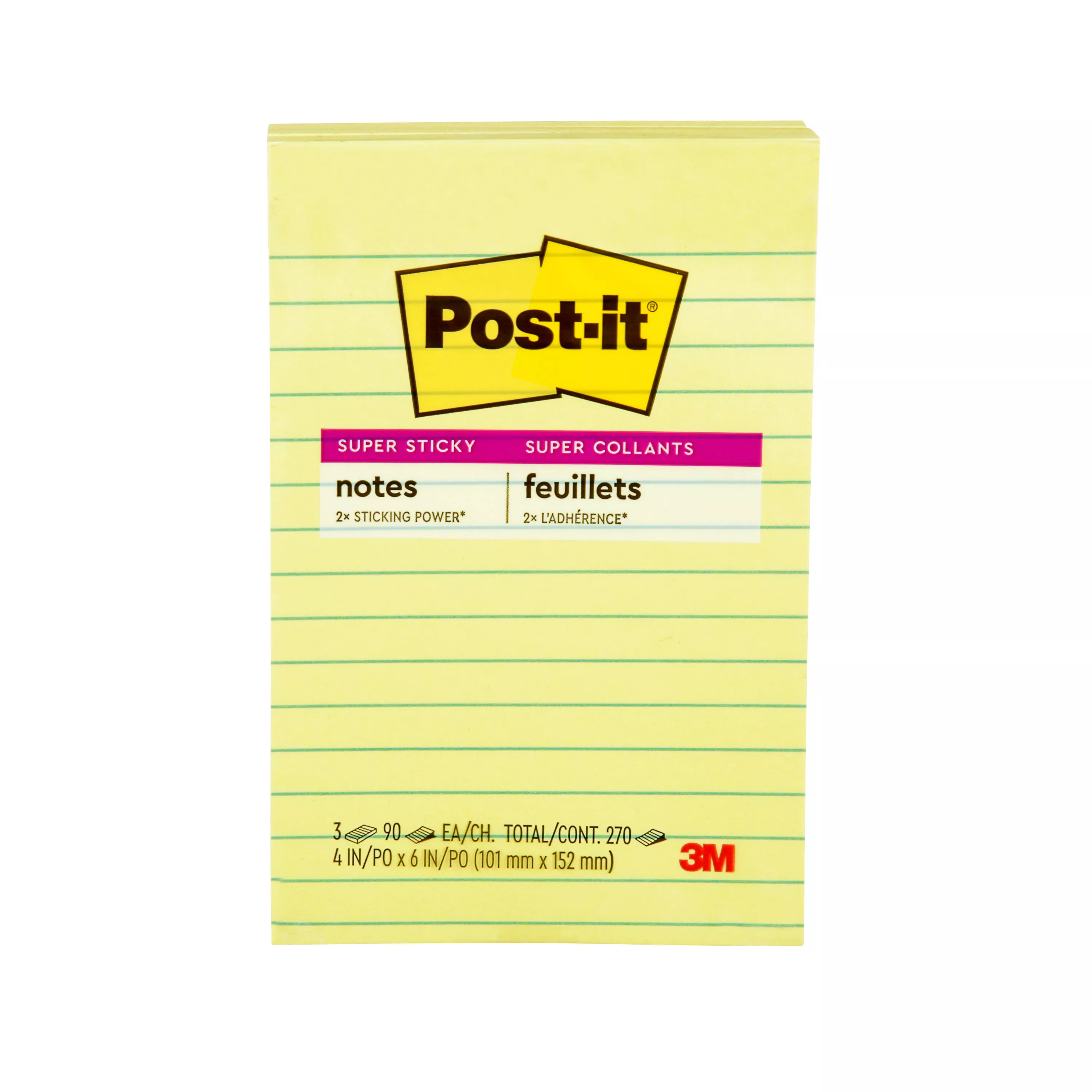 Post-it® Super Sticky Notes 660-3SSCY, 4 in x 6 in (101 mm x 152 mm), Canary Yellow