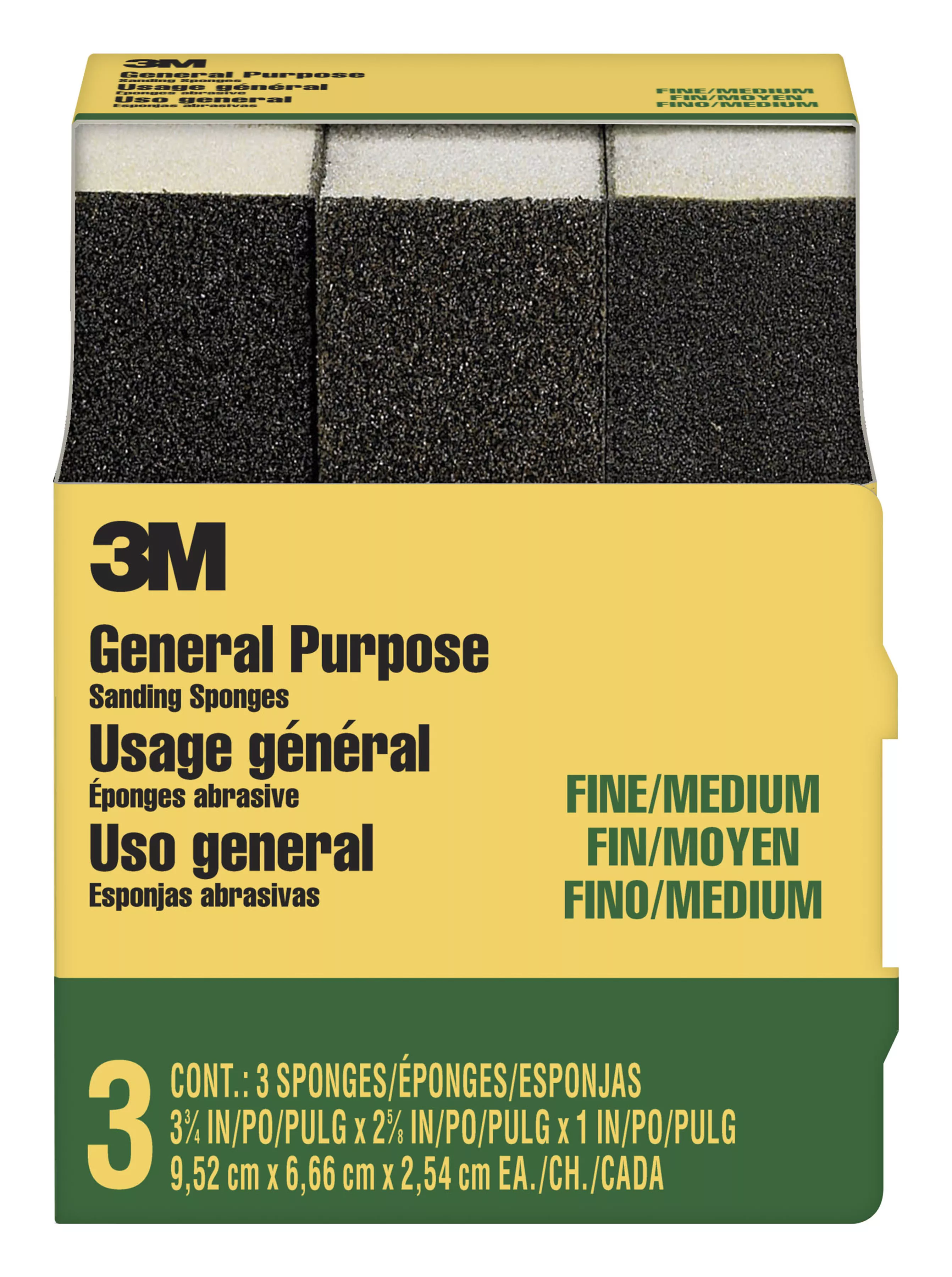 3M™ General Purpose Sanding Sponge 908NA-3P-CC, 3 3/4 in x 2 5/8 in x 1 in, Dual Grit, Fine/Medium, 3 sponges/pack, 6 pks/cs