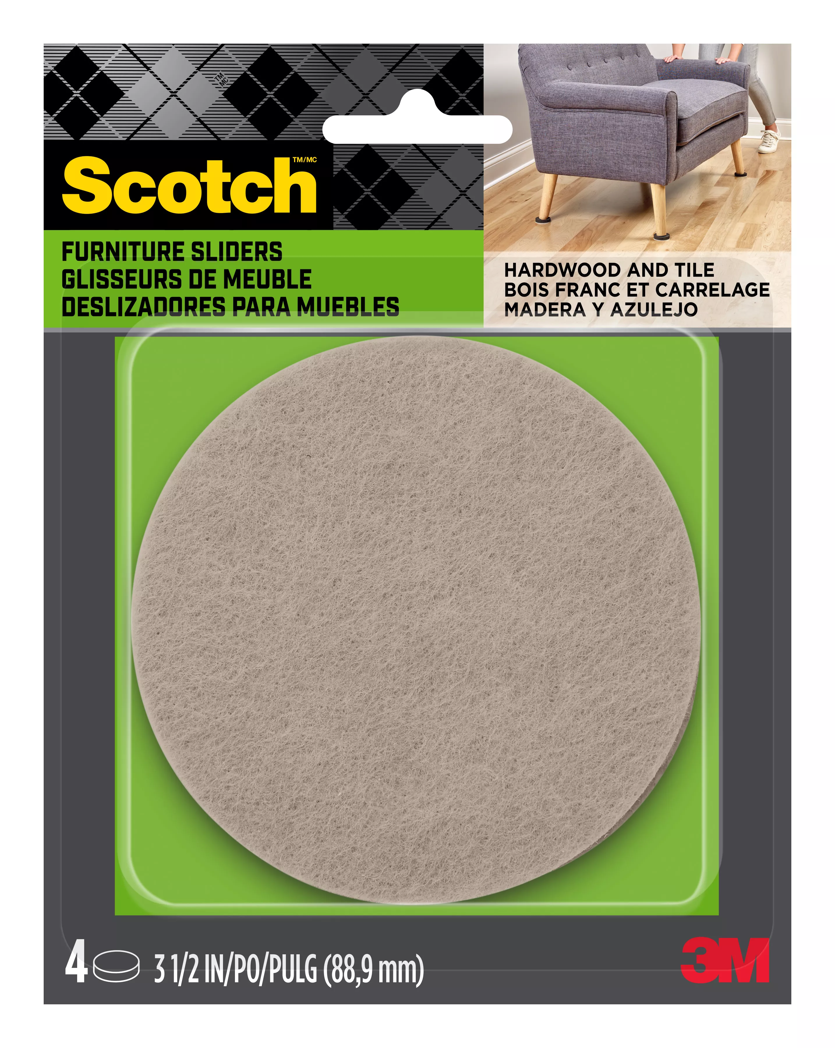 Scotch™ Felt Furniture Movers SP661-NA, Adhesive 3.5in 4pk