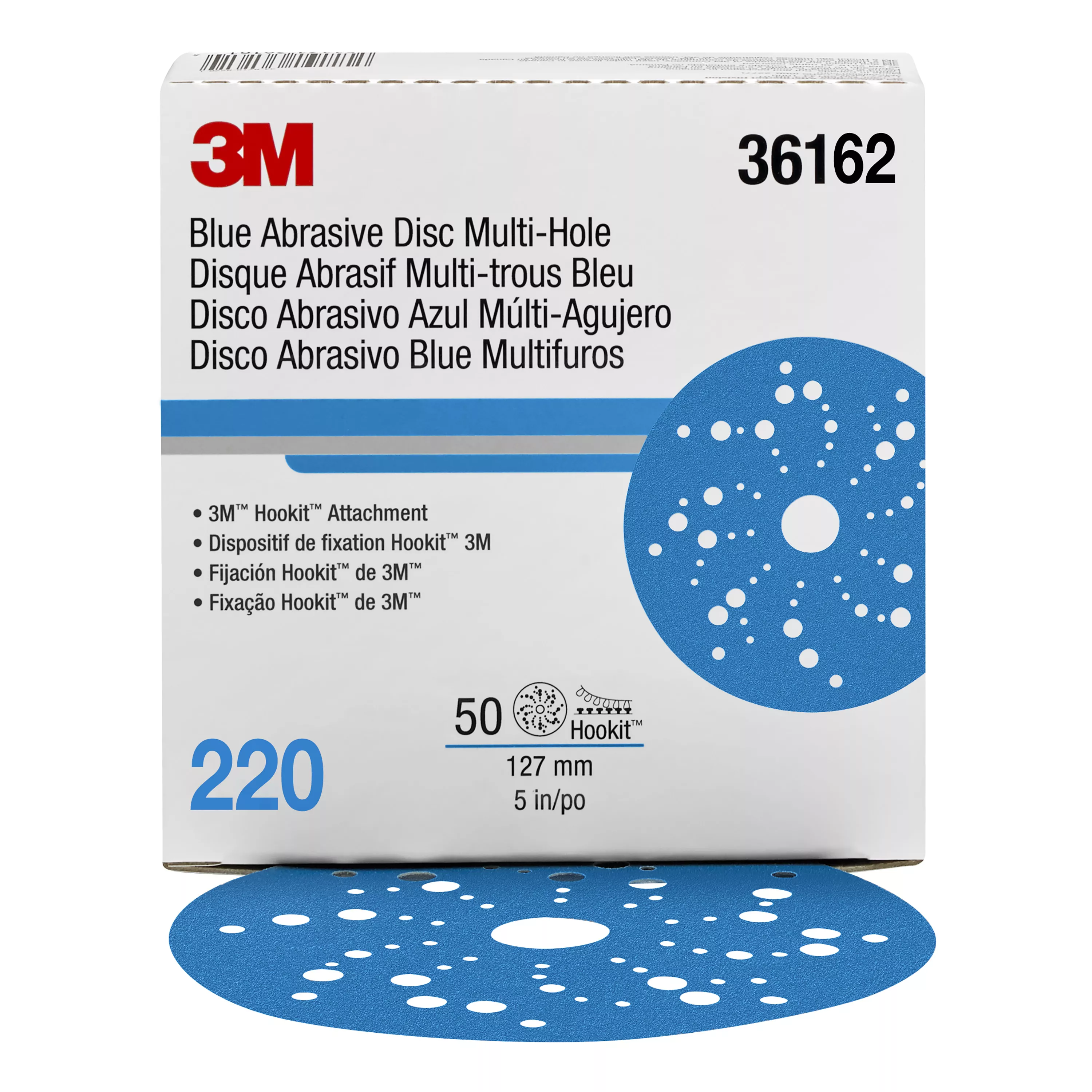 3M™ Hookit™ Blue Abrasive Disc Multi-hole, 36162, 5 in, 220 grade, 50 discs per carton, 4 cartons per case