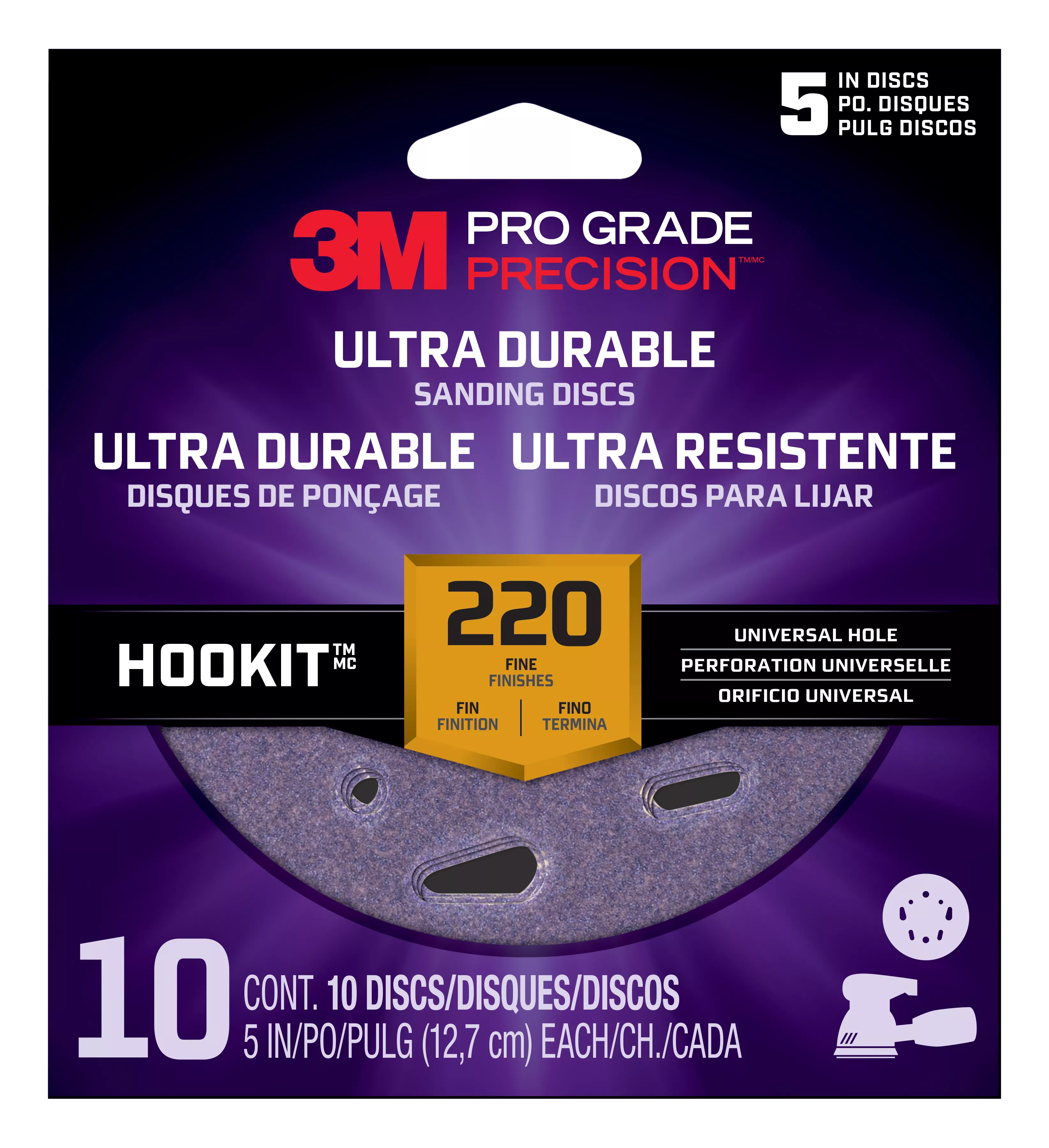 3M™ Pro Grade Precision™ Ultra Durable Universal Hole Sanding Disc, DUH5220TRI-10T, 5 IN x UH, 220, 10 pack