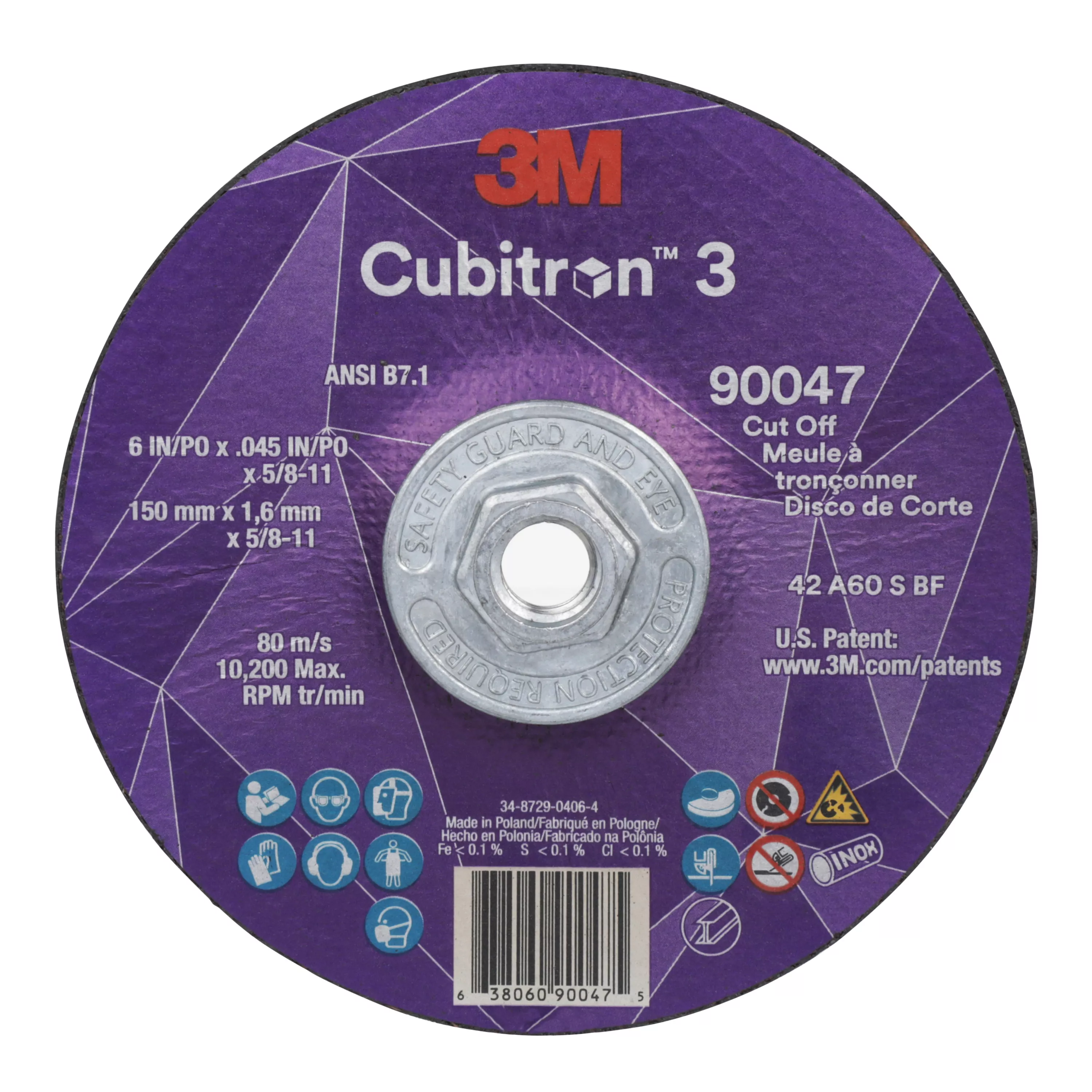 3M™ Cubitron™ 3 Cut-Off Wheel, 90047, 60+, T27, 6 in x 0.045 in x 5/8
in-11 (150 x 1.6 mm x 5/8-11 in), ANSI, 10 ea/Case