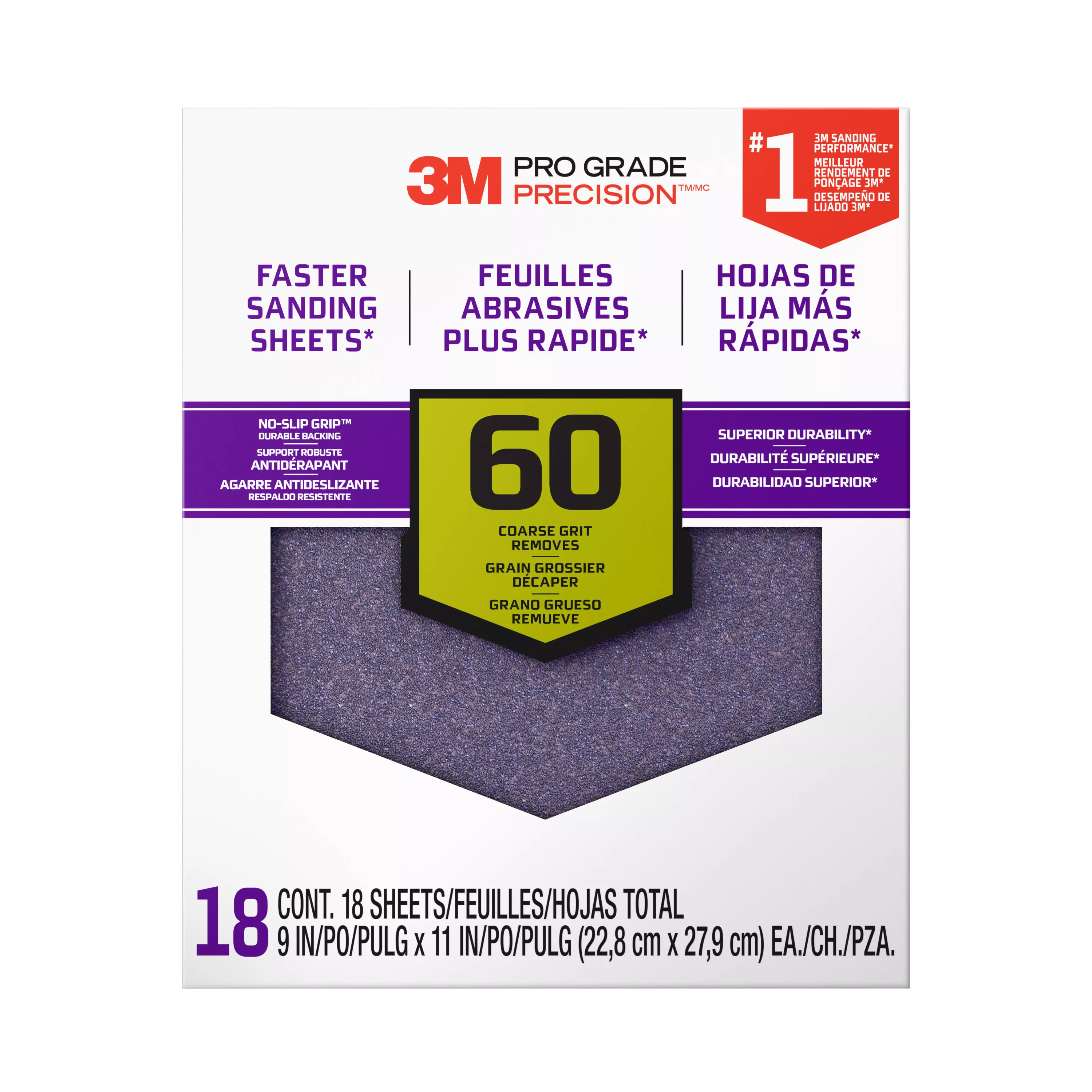 3M™ Pro Grade Precision™ Faster Sanding Sheets w/NO-SLIP GRIP™ Backing
SHCP60-PGP18T, 9 in x 11 in, 60 Gr, 18 Shts/pk