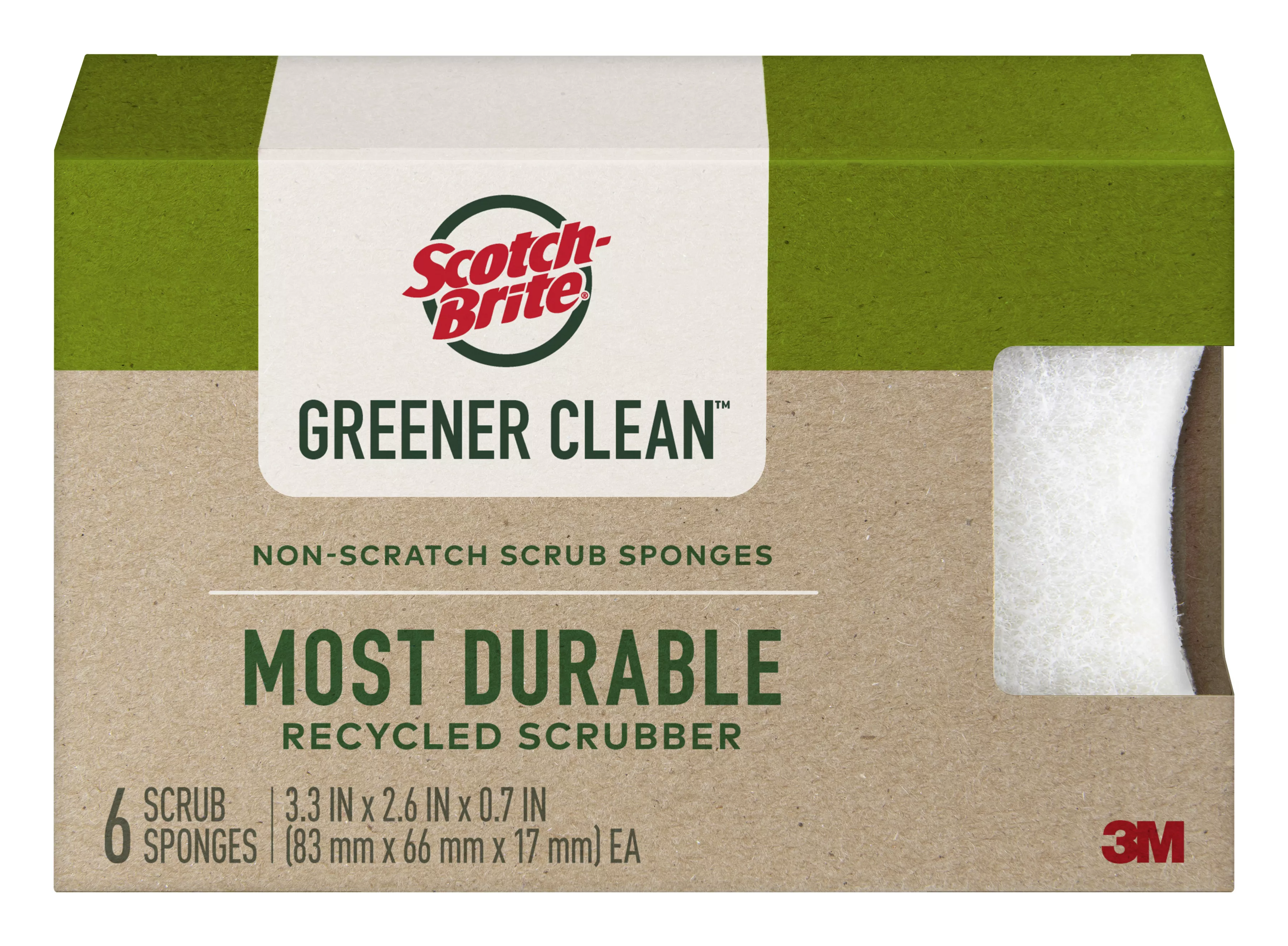 Scotch-Brite® Greener Clean™ Non-Scratch Scrub Sponge 97036-UG, 3.3 in x 2.6 in x 0.7 in (83 mm x 66 mm x 17 mm), 6/6