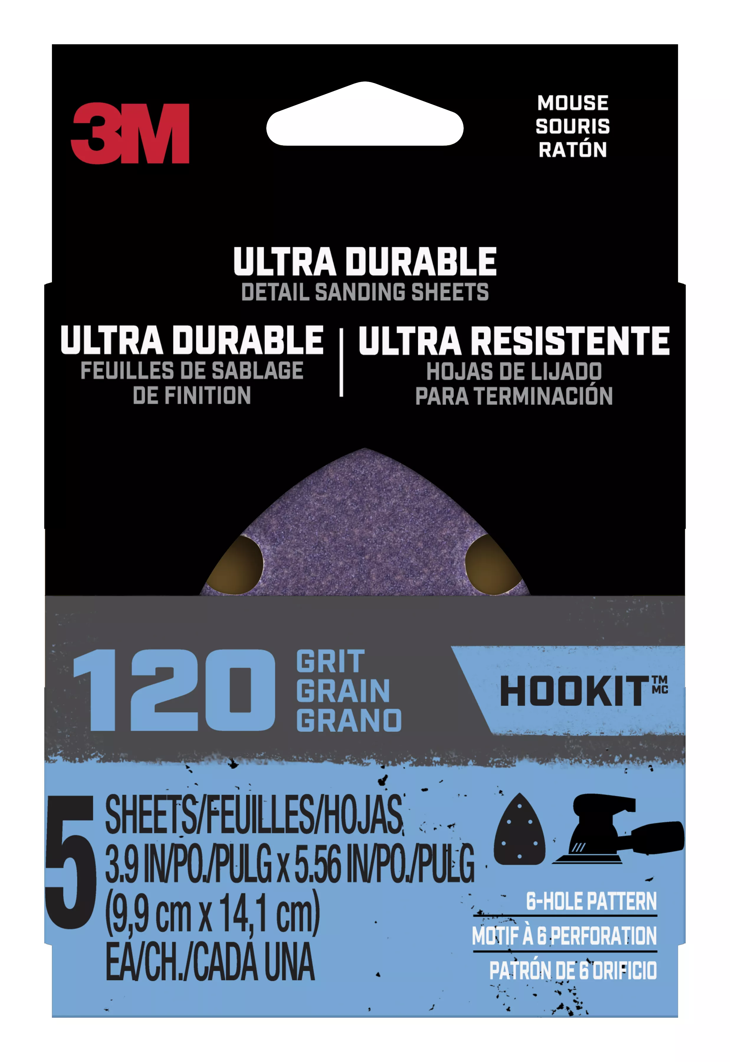 3M™ Ultra Durable Detail Sanding Sheets, 120 grit, Mouse5pk120, 5/pk, 20/case