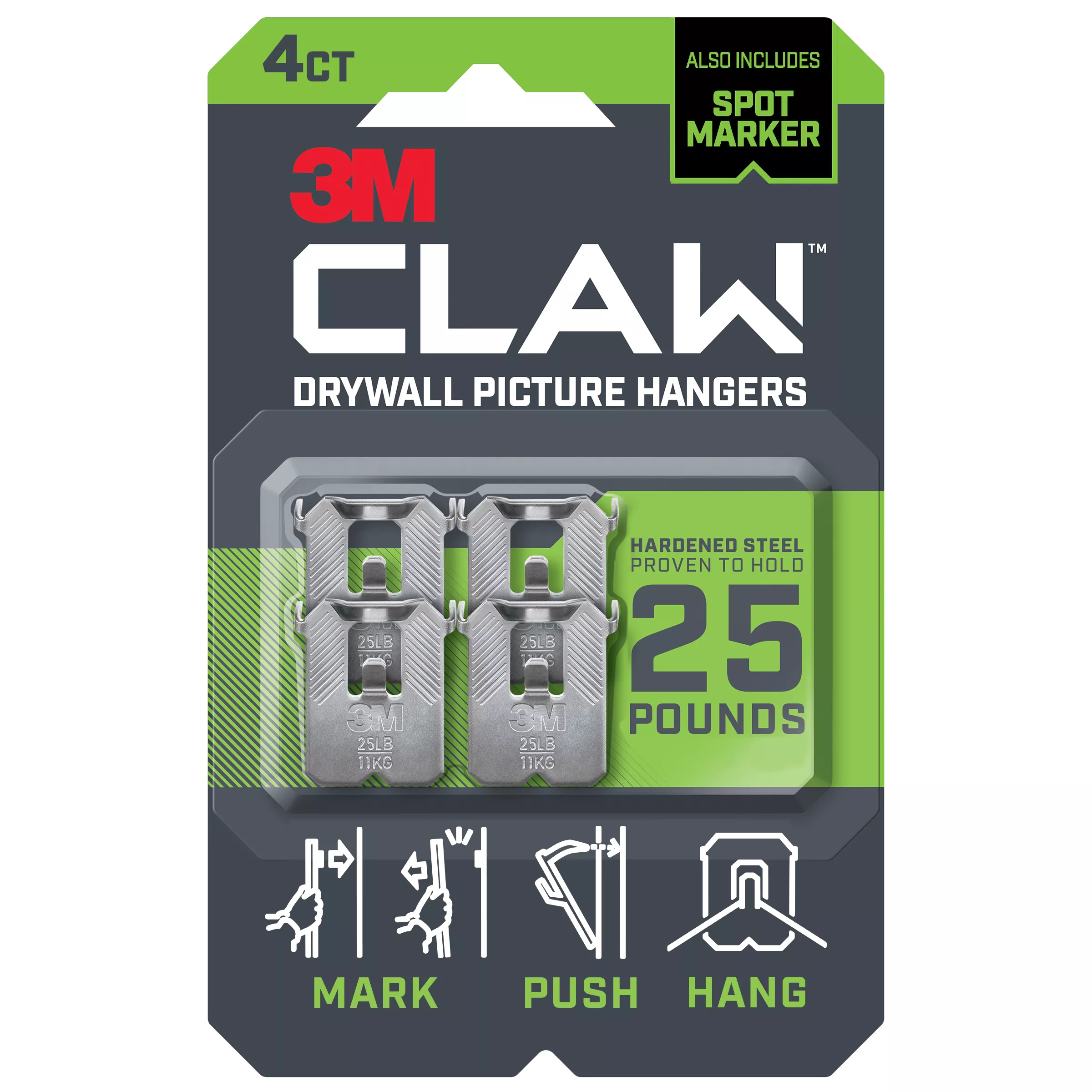 3M CLAW™ Drywall Picture Hanger 25 lb with Temporary Spot Marker 3PH25M-4EF, 4 hangers, 4 markers