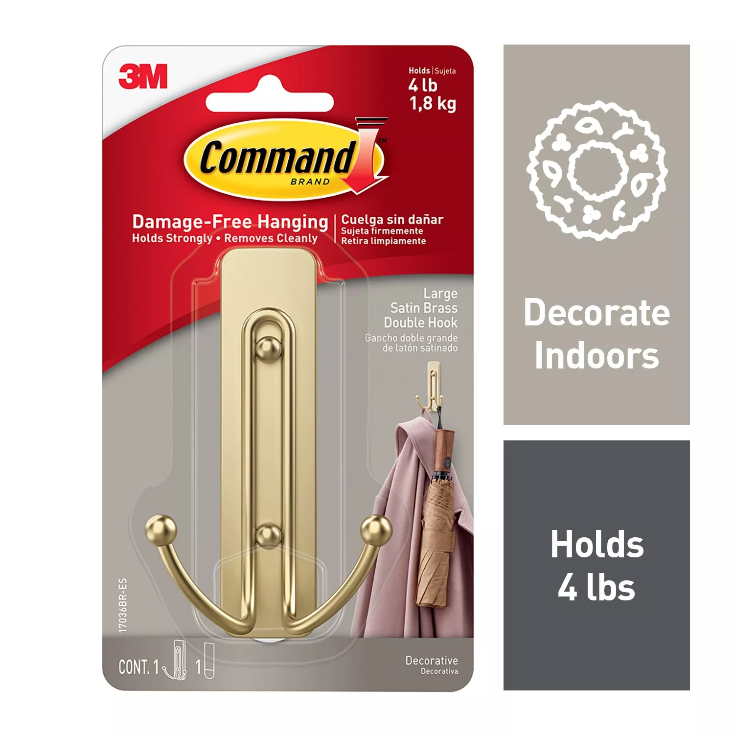 Command™ Large Satin Brass Double Hook 17036BR-ES, 1 Hook, 1 Strip