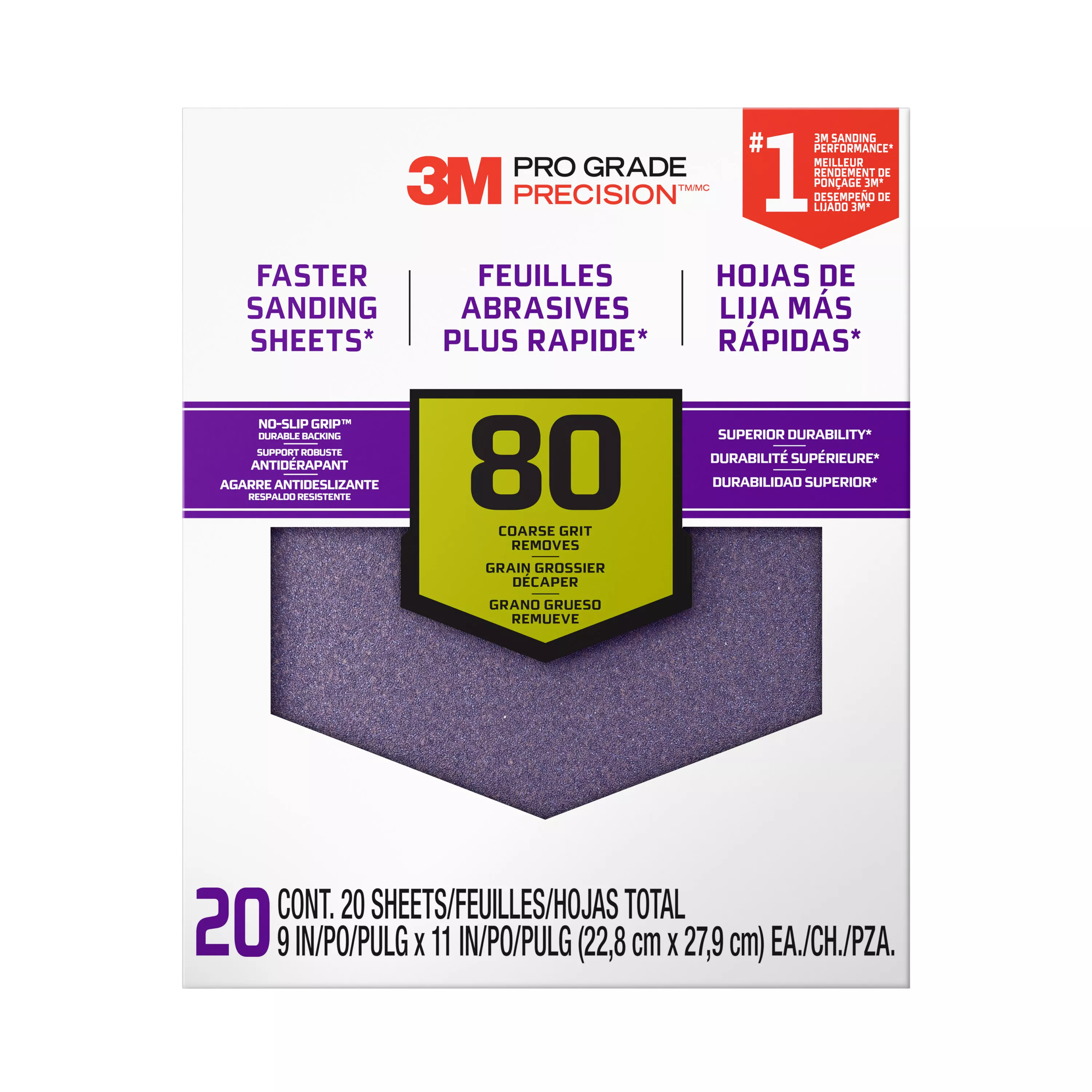 3M™ Pro Grade Precision™ Faster Sanding Sheets w/ NO-SLIP GRIP™ Backing SHCP80-PGP20T, 9 in x 11 in, 80 Gr, 20 Shts/pk