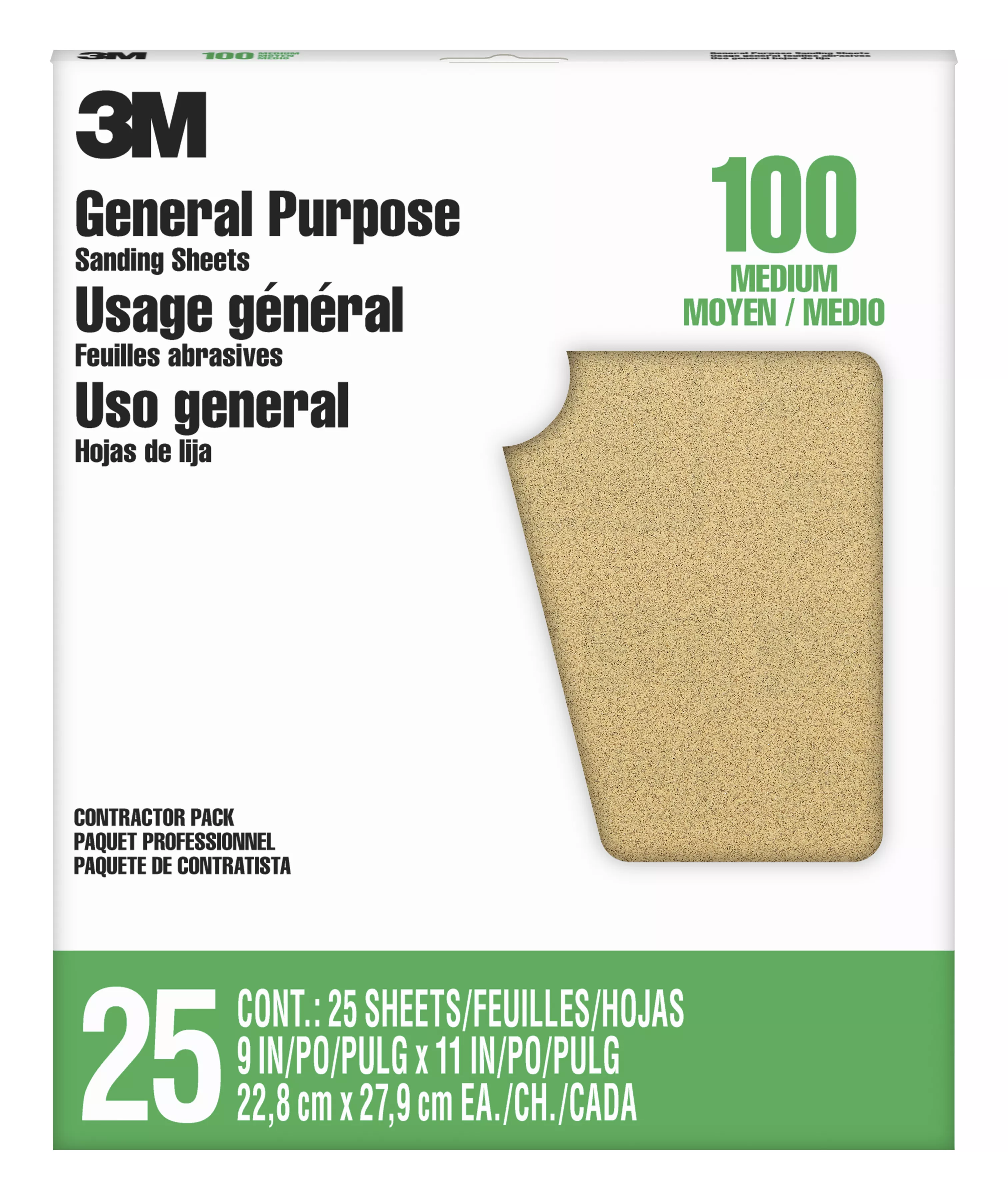 3M™ General Purpose Sanding Sheets, 11604NA-25, 9 in x 11 in, 100 grit, Medium grit, 25 sheets/pk, 5 pks/cs