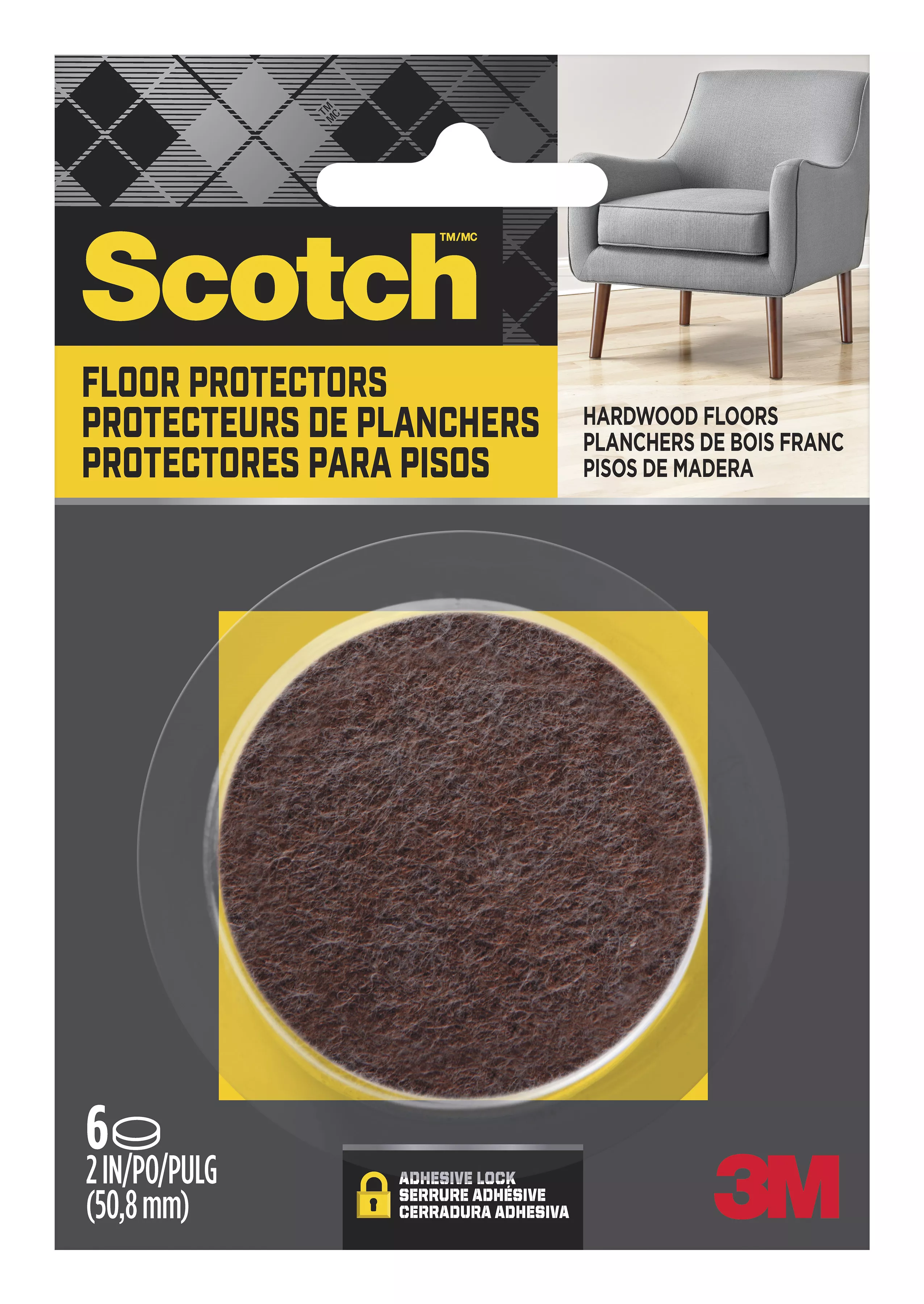 Scotch™ Round Felt Pads SP827-NA, Brown, 2 in, 6/pk