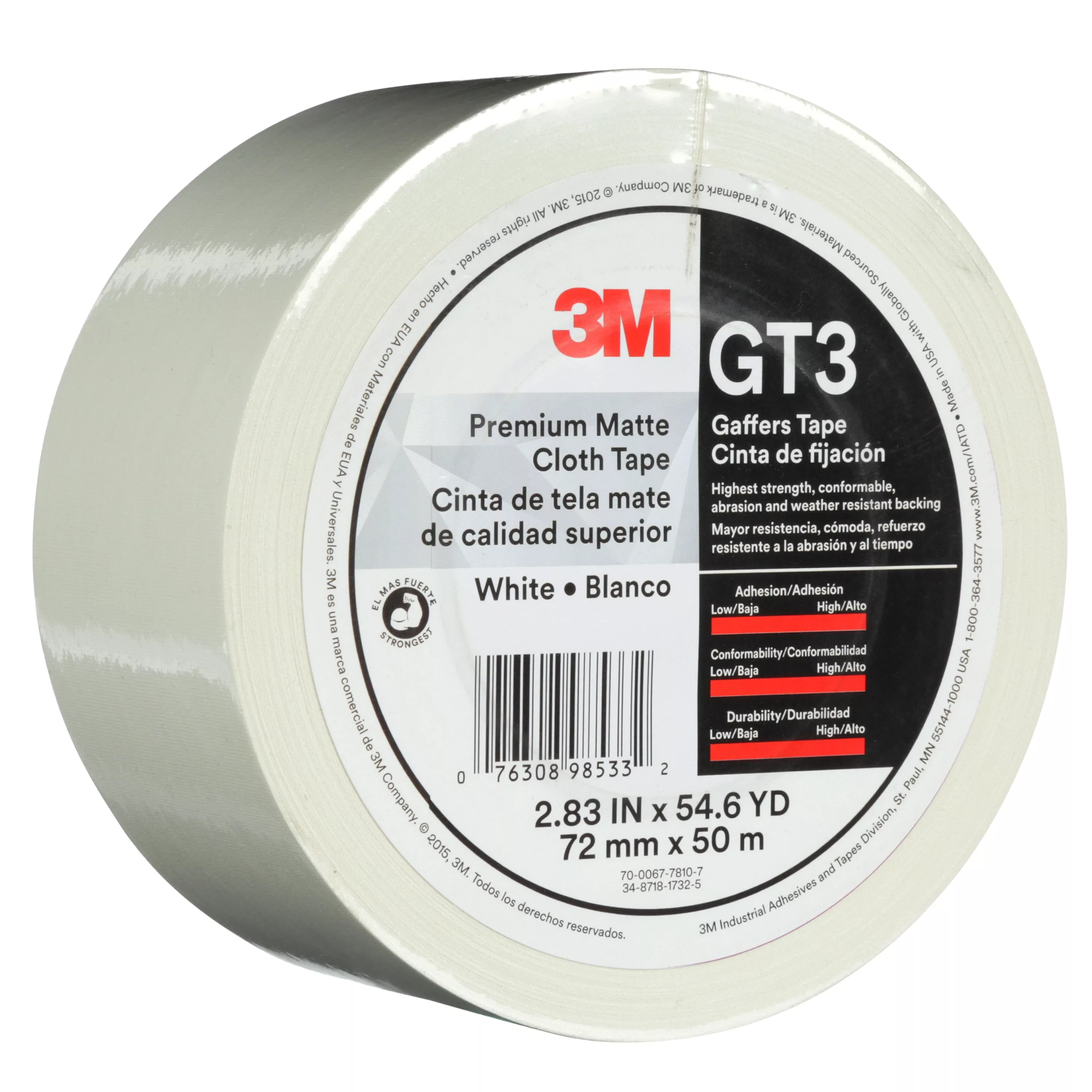 3M™ Premium Matte Cloth (Gaffers) Tape GT3, White, 72 mm x 50 m, 11 mil,
16/Case