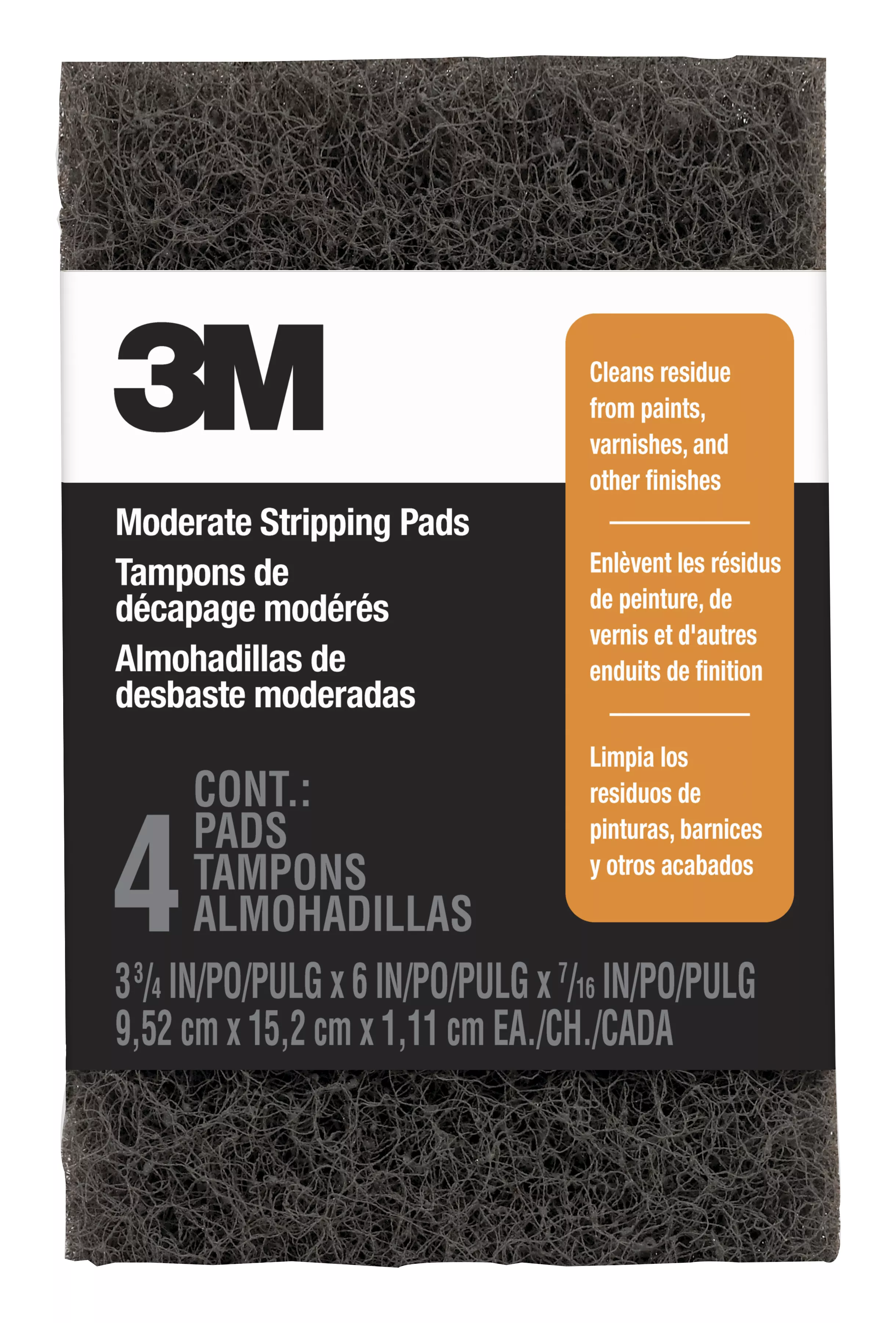 3M™ Moderate Stripping Pads 10112NA4PK, 3 3/4 in x 6 in x 7/16 in, Replaces 0 Steel Wool, 4 pads/pk, 6 pks/cs