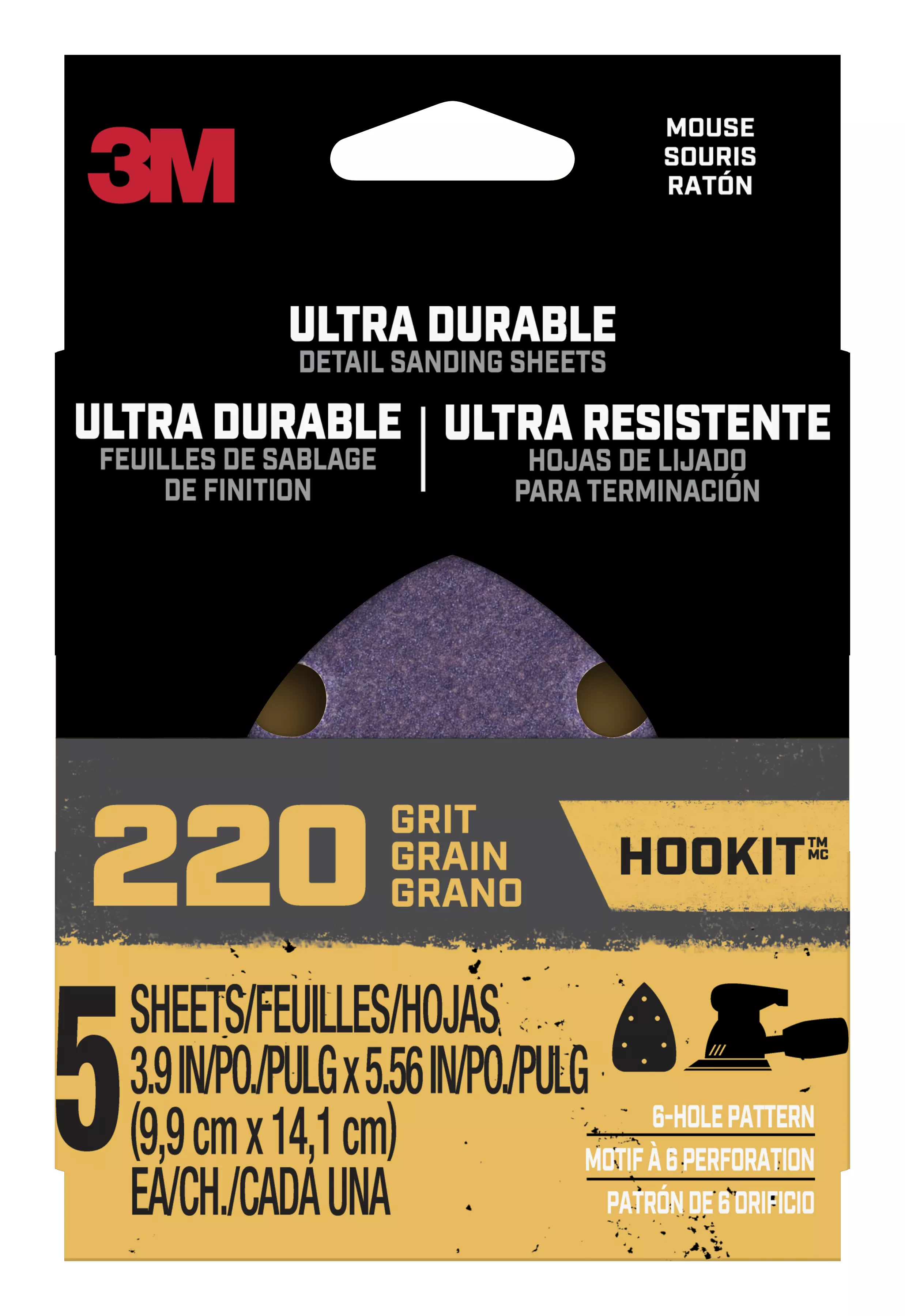 3M™ Ultra Durable Detail Sanding Sheets, 220 grit, Mousepk220, 5/pk, 20/case