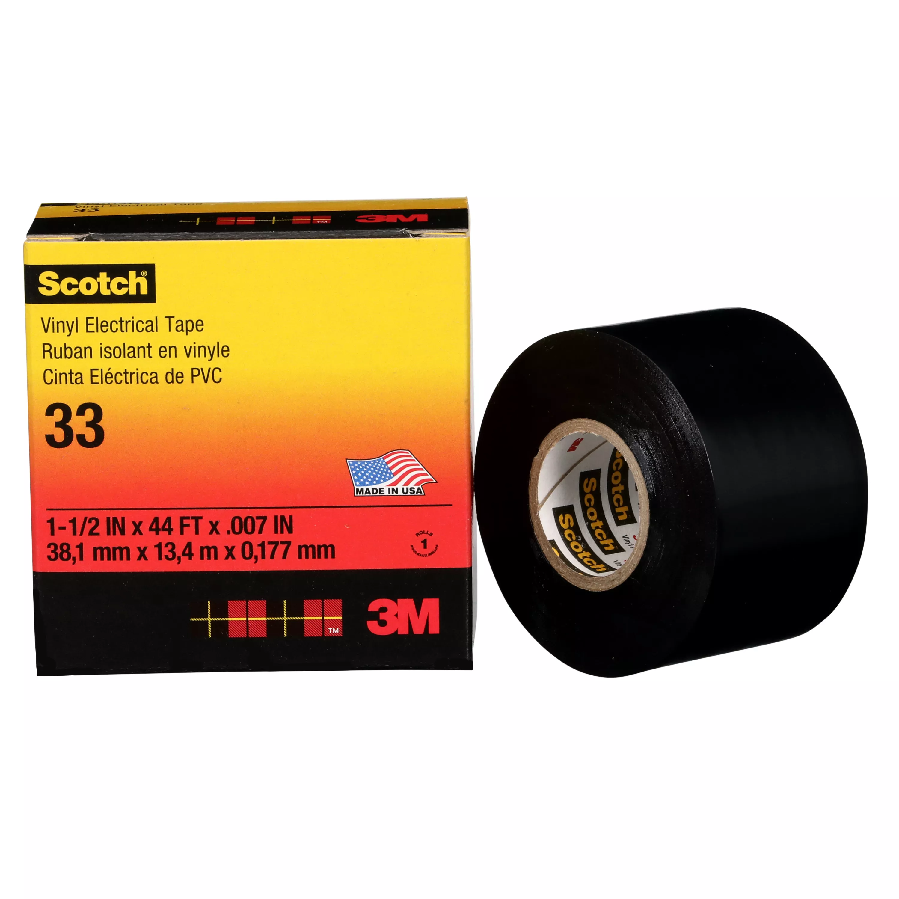 Scotch® Vinyl Electrical Tape 33, 1-1/2 in x 44 ft, Black, 10 rolls/carton, 100 rolls/Case