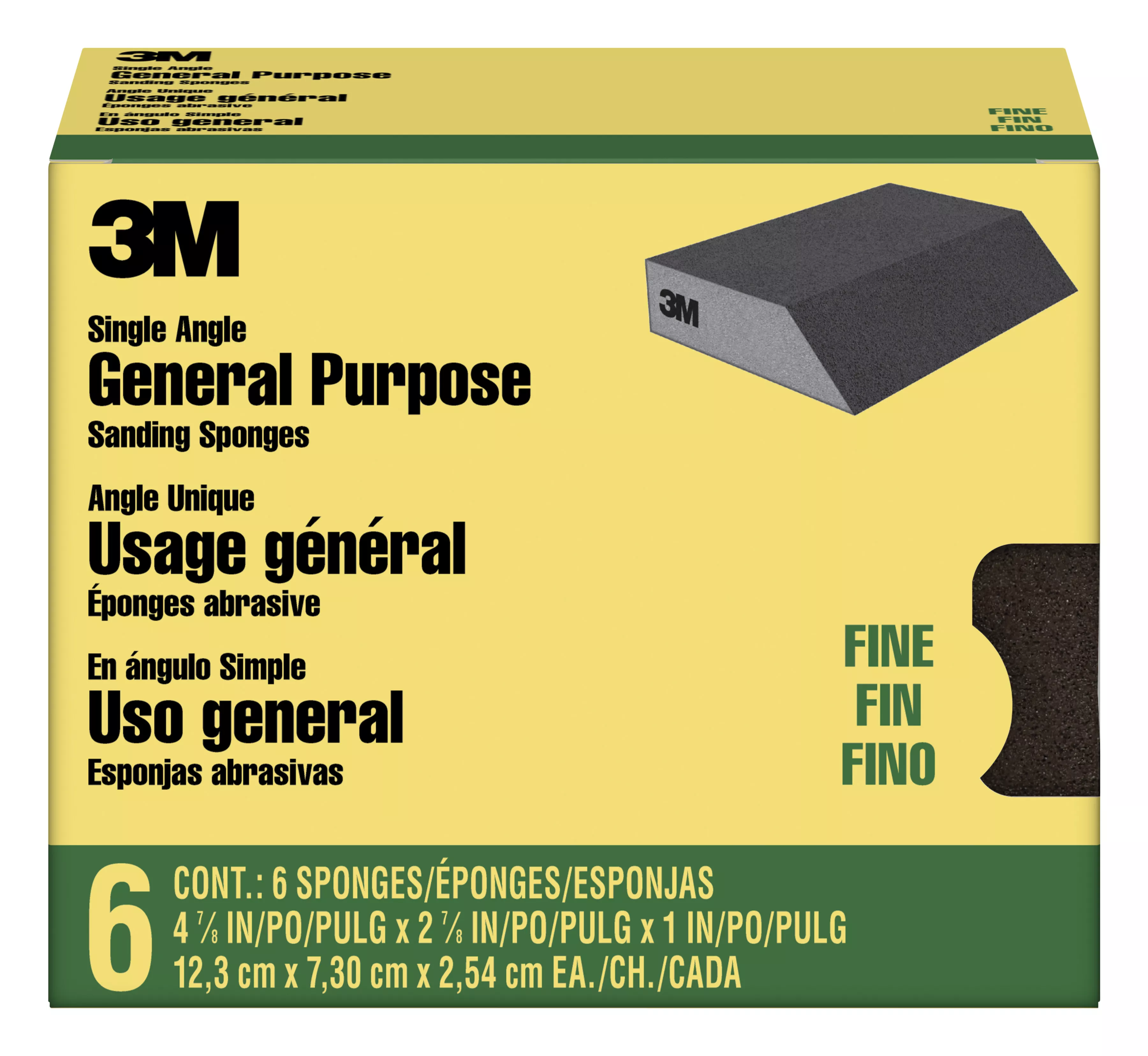 3M™ General Purpose Sanding Sponge CP040-6P, Single Angle, 2 7/8 in x 4 7/8 in x 1 in, Fine, 6/pk, 4 pks/cs