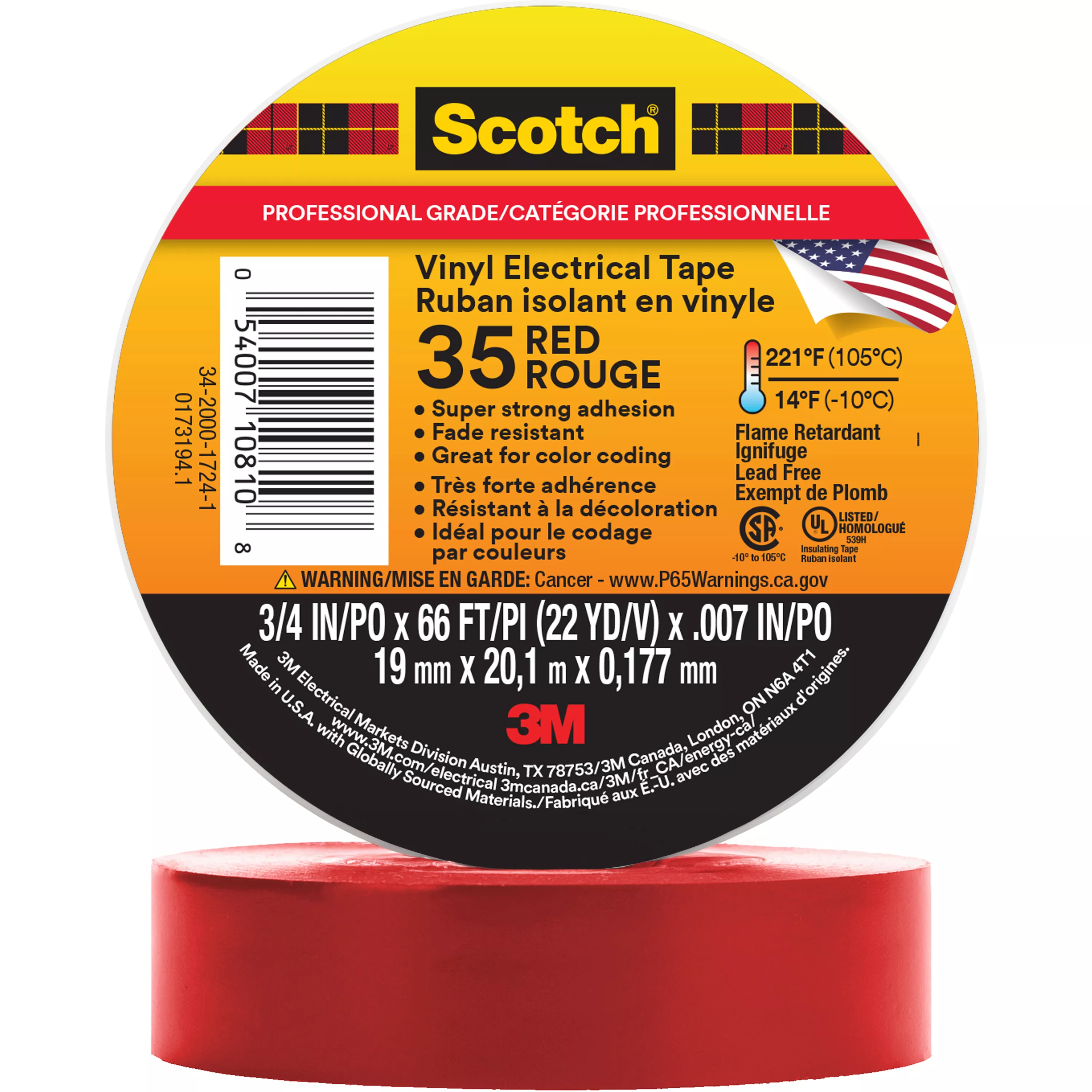 Scotch® Vinyl Color Coding Electrical Tape 35, 3/4 in x 66 ft, Red, 10 rolls/carton, 100 rolls/Case