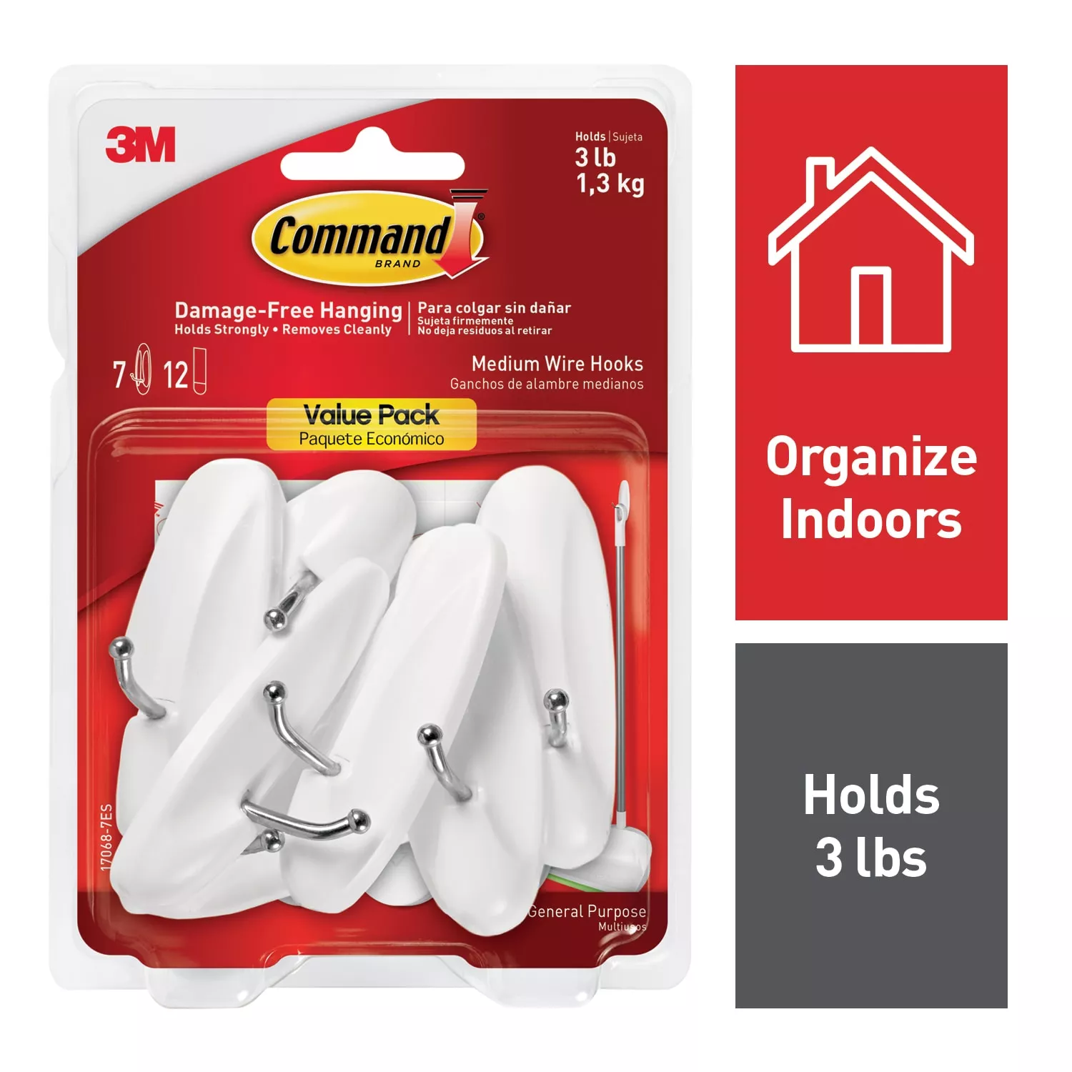 Command™ Medium Wire Hooks 17068-7ES, Value Pack, 7 hooks, 12 strips