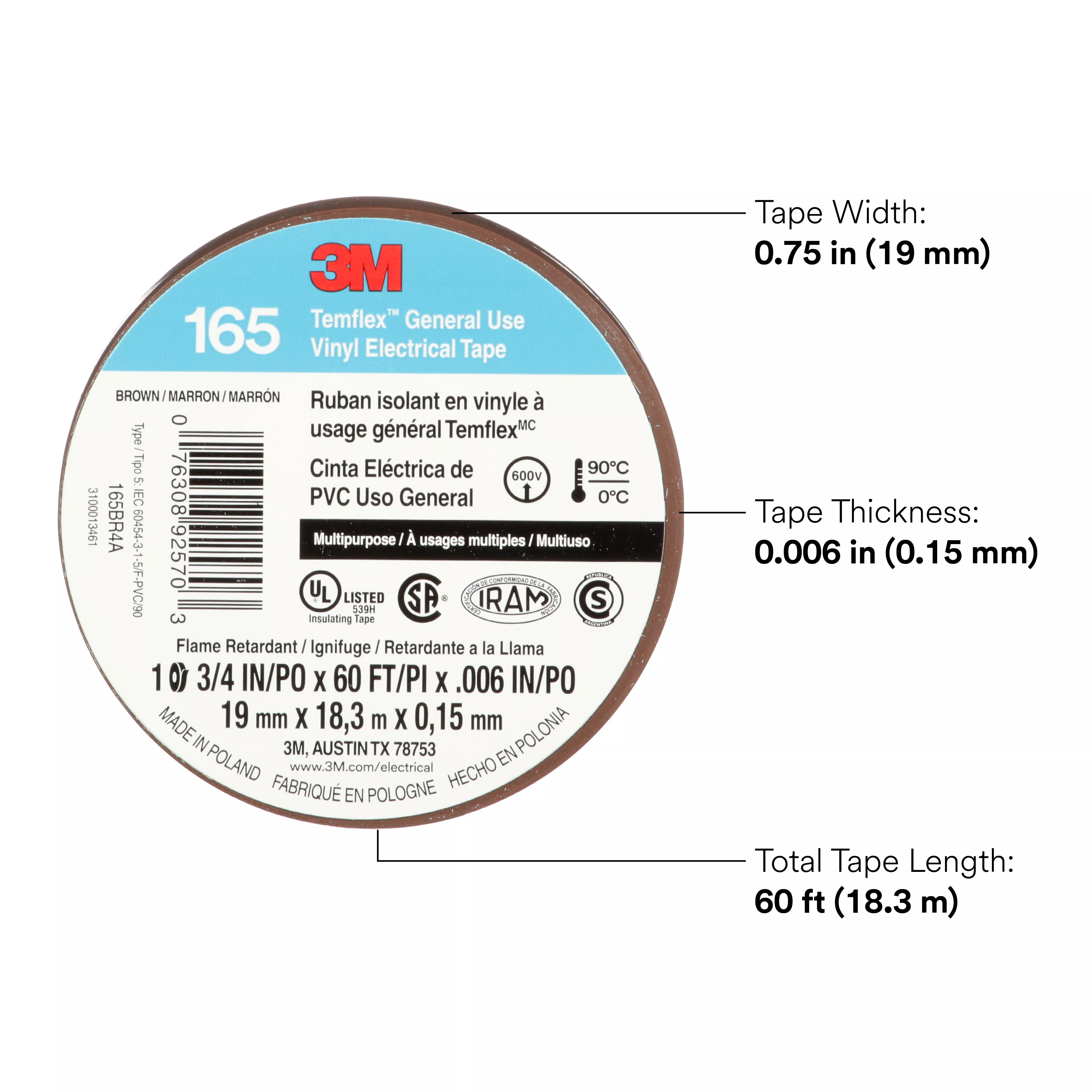 SKU 7100169191 | 3M™ Temflex™ Vinyl Electrical Tape 165