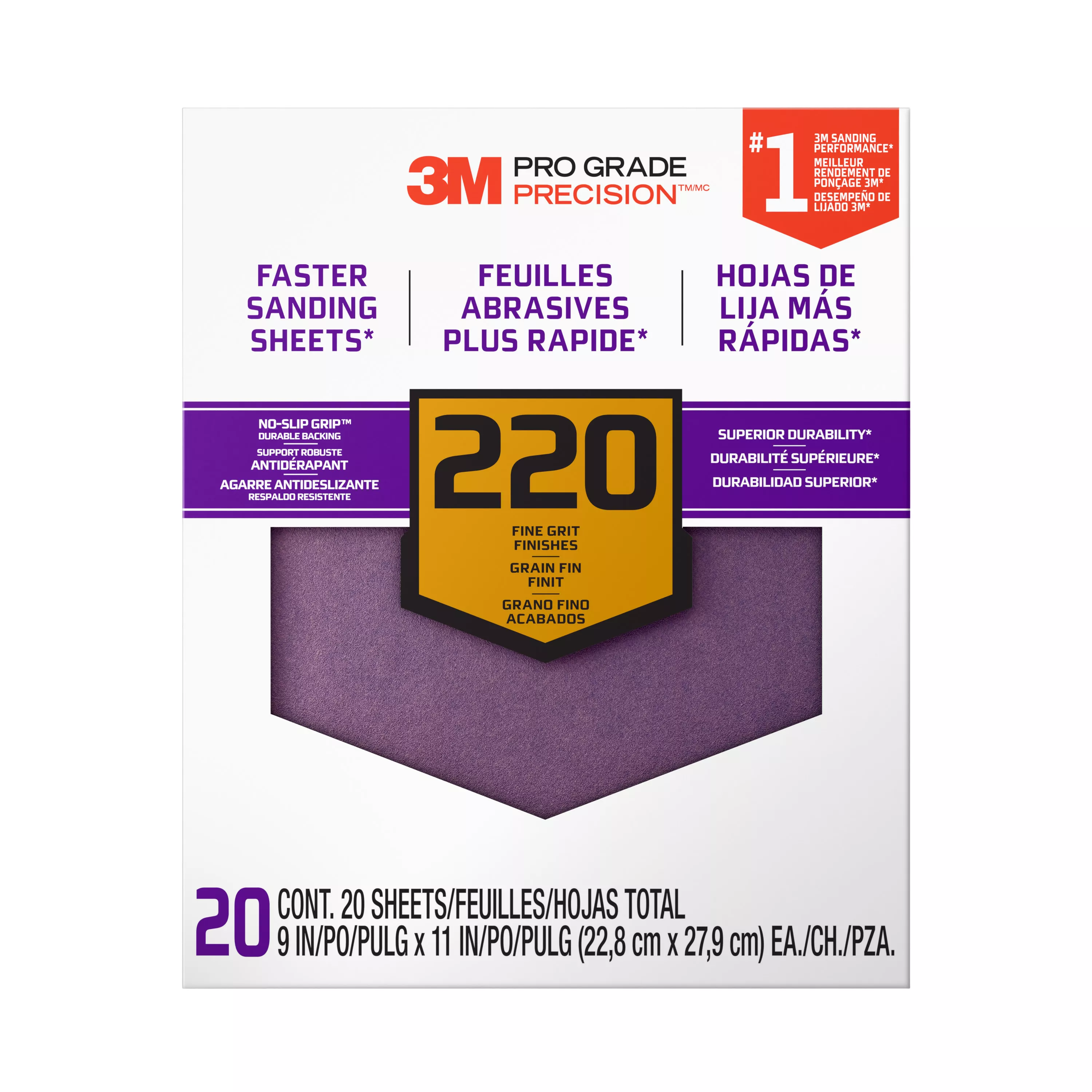 3M™ Pro Grade Precision™ Faster Sanding Sheets w/ NO-SLIP GRIP™ Backing SHCP220-PGP20T, 9 in x 11 in, 220 Gr, 20 Shts/pk