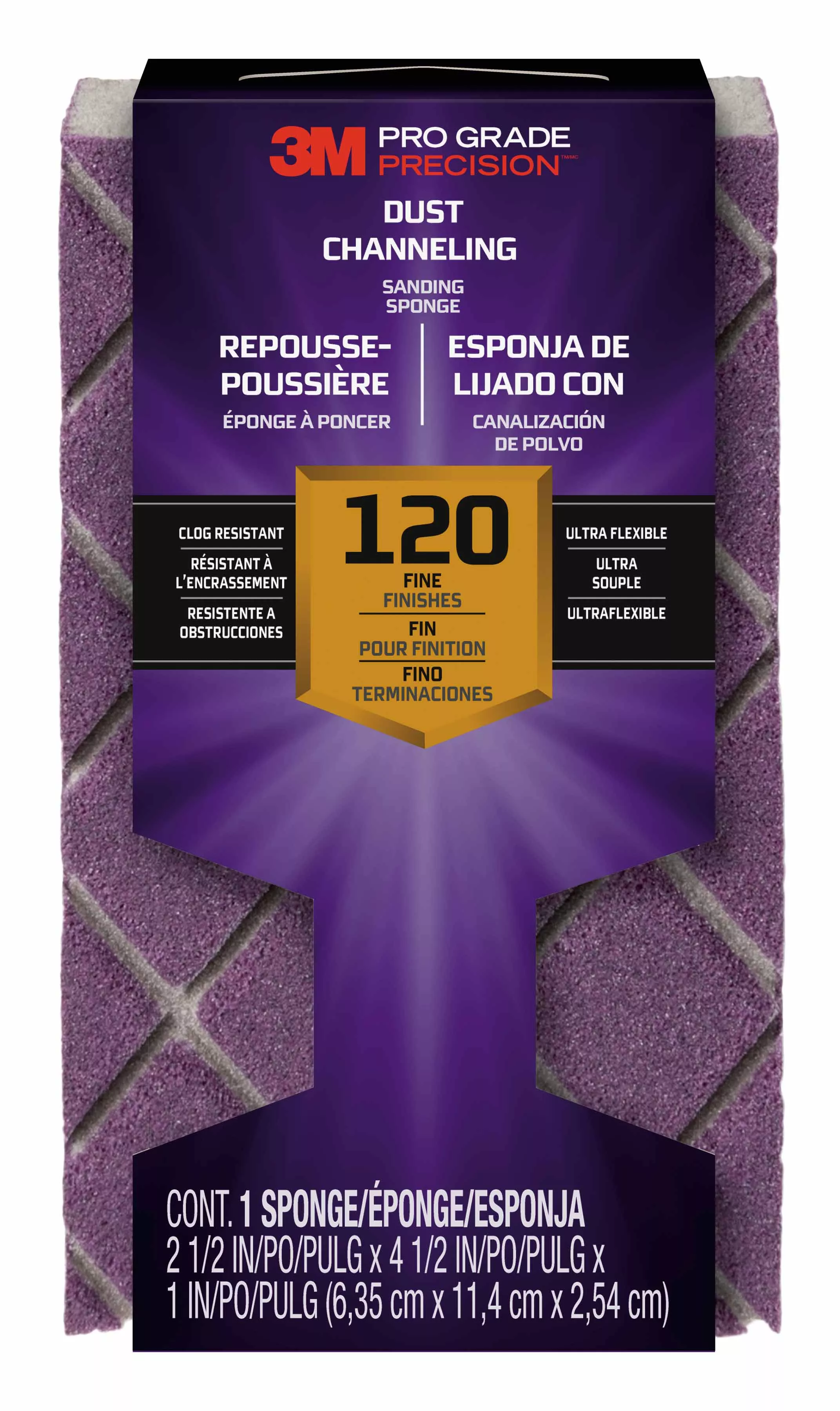 3M™ Pro Grade Precision™ Dust Channeling Block Sanding Sponge 120 grit Fine, 2502TRI-120-CH, 4.5 in x 2.5 in x 1 in, 12/cs