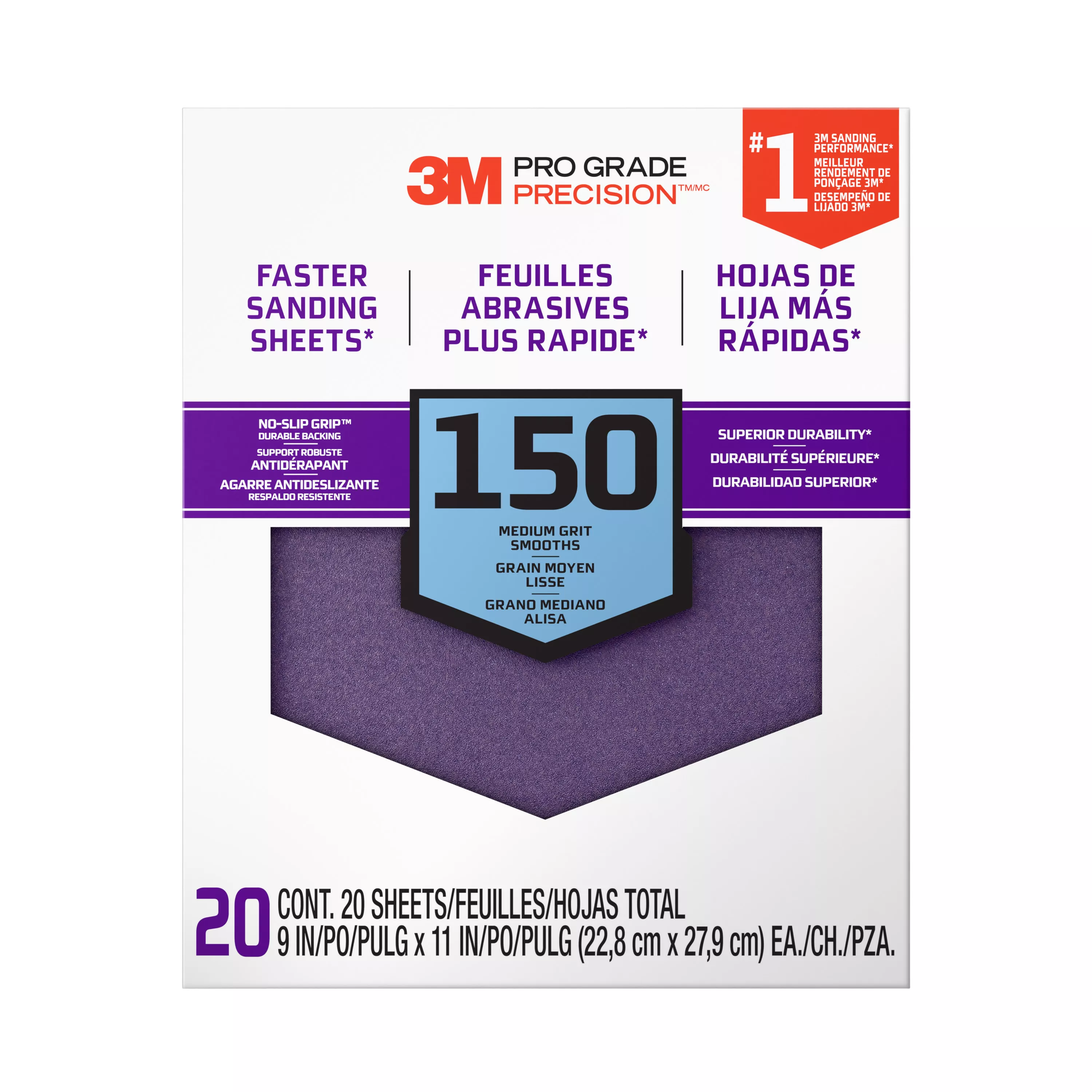 3M™ Pro Grade Precision™ Faster Sanding Sheets w/ NO-SLIP GRIP™ Backing SHCP150-PGP20T, 9 in x 11 in, 150 Gr, 20 Shts/pk