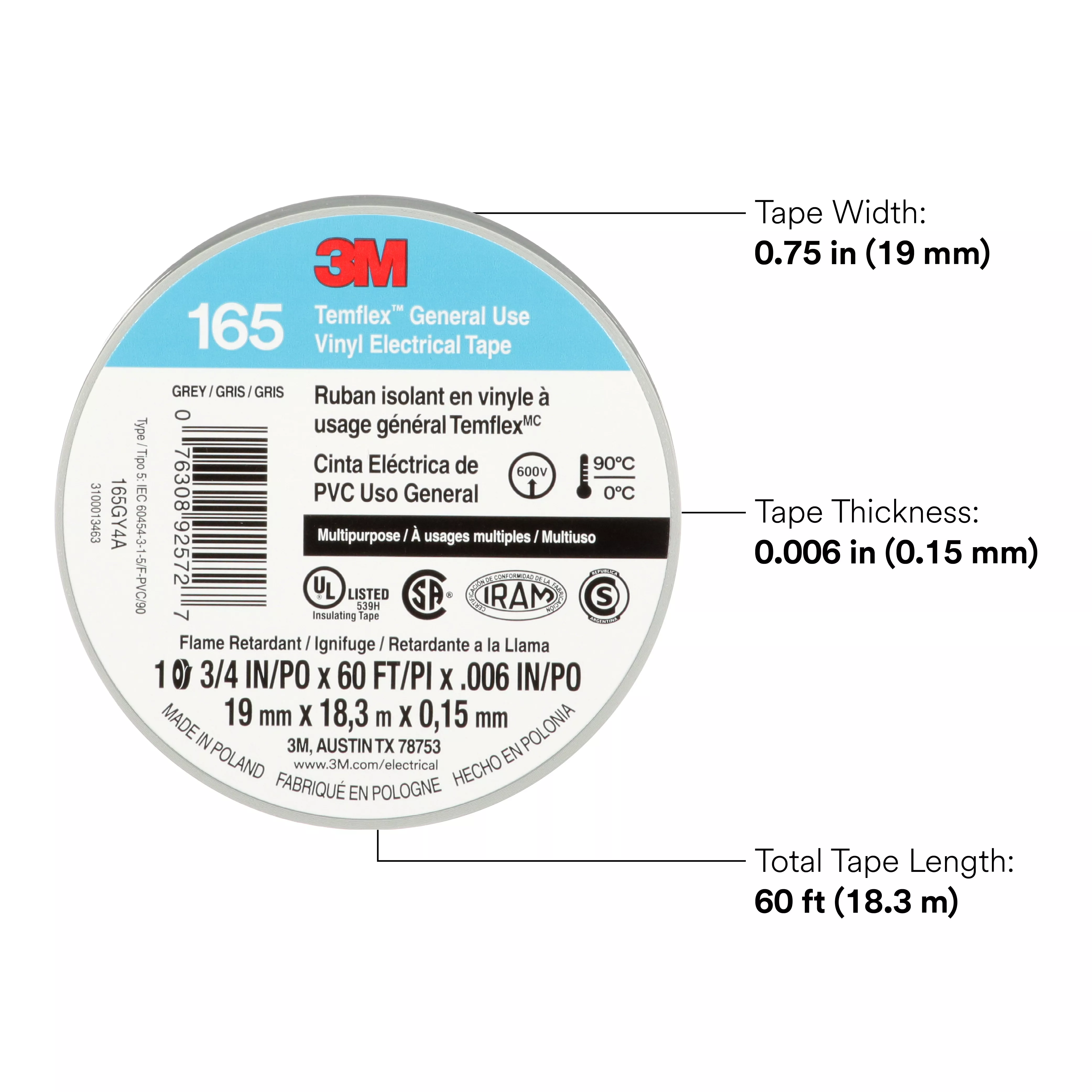 SKU 7100169192 | 3M™ Temflex™ Vinyl Electrical Tape 165